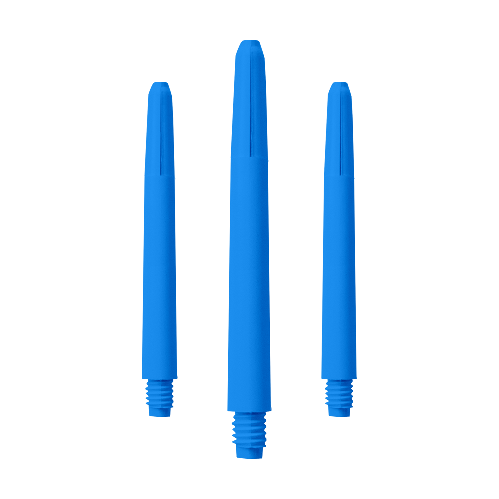 574_Nylon_Shafts_Blau_48mm_1 Das Bild zeigt drei blaue Nylon-Schäfte. Sie sind nebeneinander angeordnet und haben ein Schraubgewinde am unteren Ende.