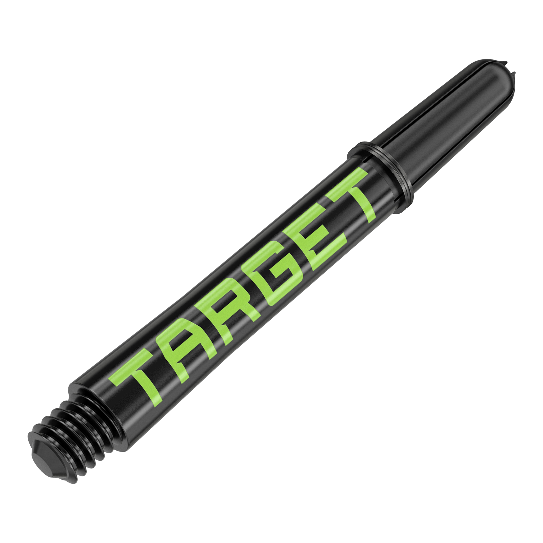Varillas Target Pro Grip TAG - 3 juegos - Negro Verde Das Bild zeigt einen schwarzen Dart-Schaft mit grünem Schriftzug „TARGET“. Der Schaft hat ein Schraubgewinde an einem Ende.
