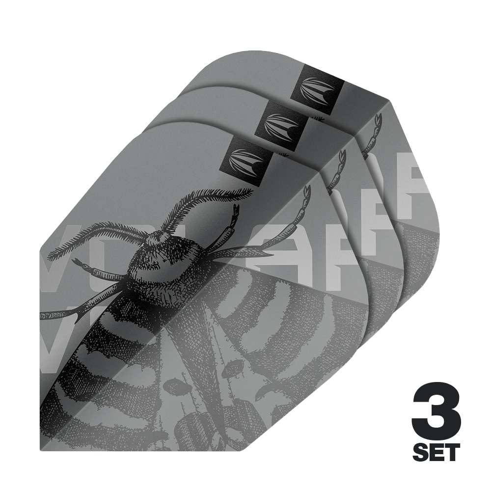 Plumas Target Pro Ultra Volar No6 - 3 juegos Das Bild zeigt drei Sets der Target Pro Ultra Volar No6 Flights. Die Flights sind grau mit einem detaillierten Insektenmotiv gestaltet.