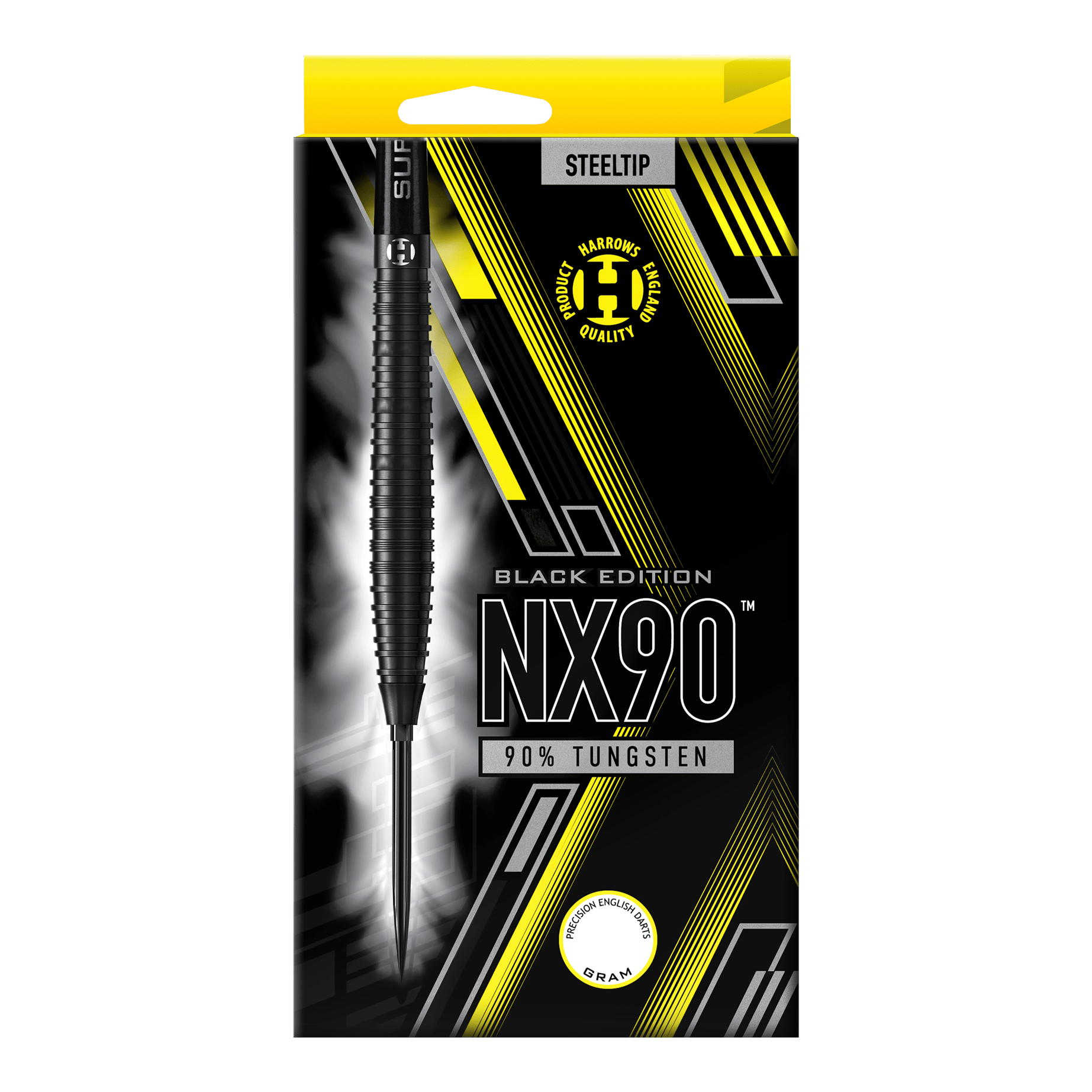 Dardos de acero de punta rápida cónica Harrows NX90 Black Edition Die Abbildung zeigt die Harrows NX90 Black Edition Tapered Quick Point Steeldarts. Sie haben eine elegante, konische Silhouette und sind komplett schwarz.