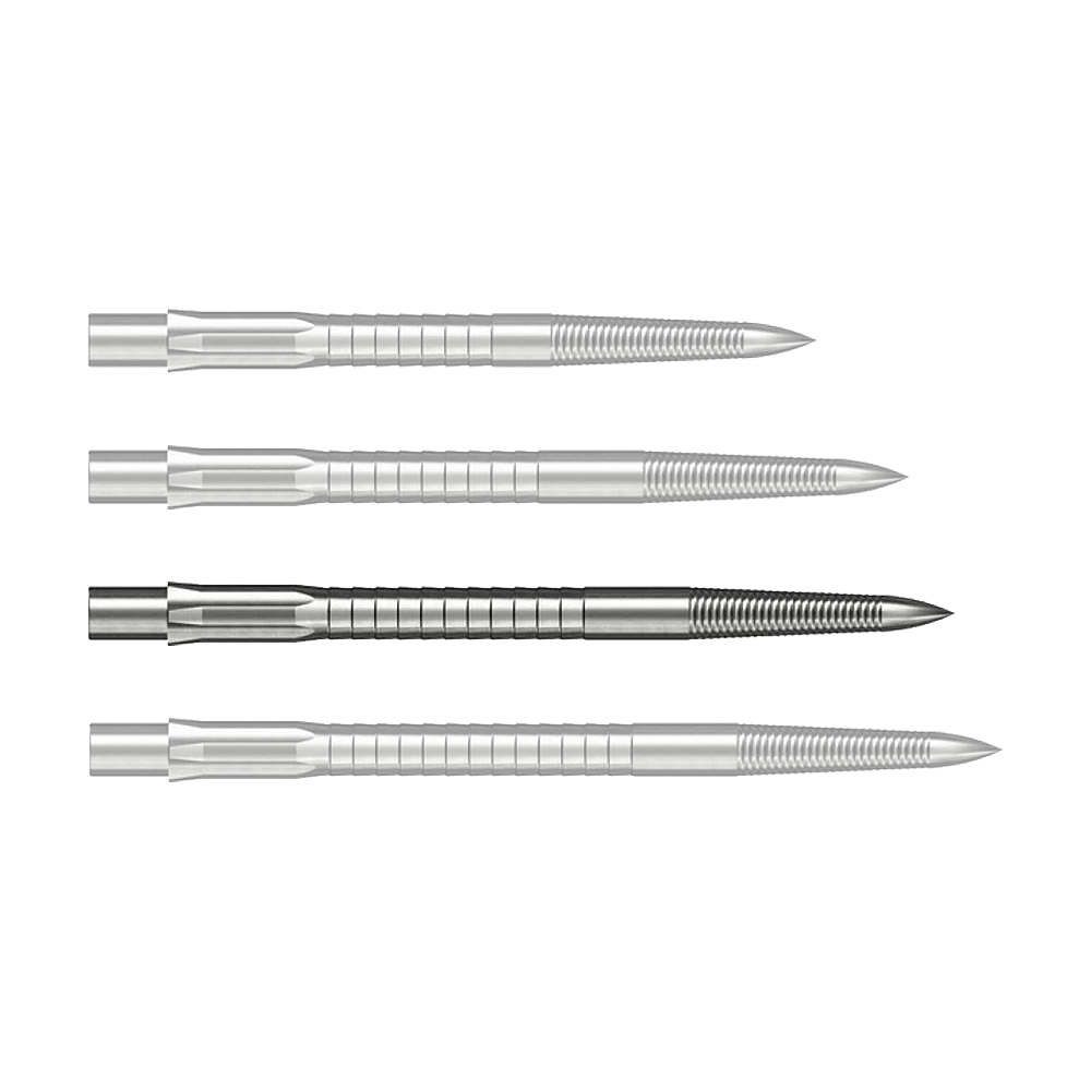 Puntas de dardo de acero Caliburn System - Micro Grip - Plateadas Das Bild zeigt Steeldartspitzen mit Micro Grip im Silber-Design, 36mm lang. Das Produkt ist auf weißem Hintergrund zu sehen.