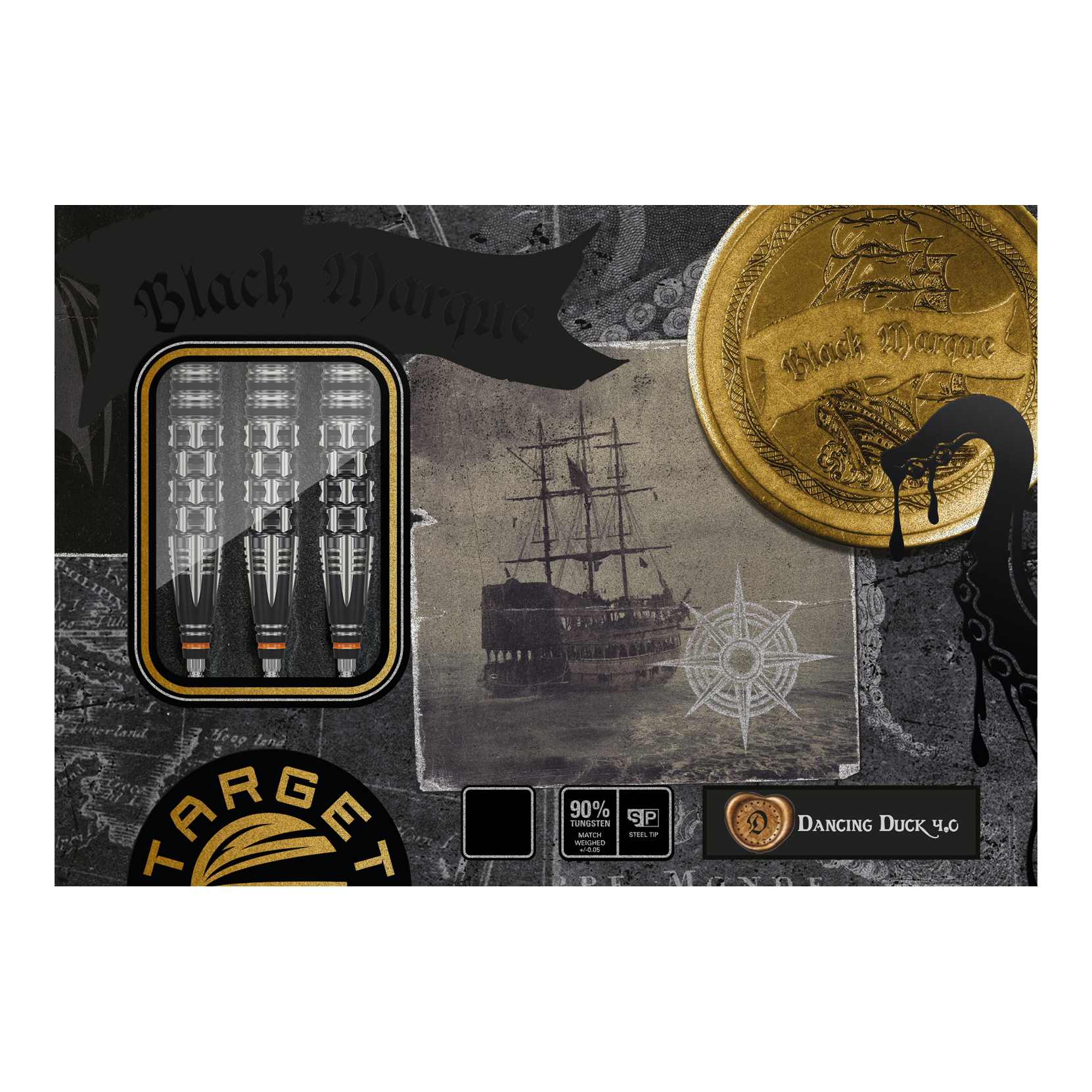Dardos de acero Target Japan Black Marque Dancing Duck GEN 4 Die Abbildung zeigt die Verpackung der "Target Japan Black Marque Dancing Duck GEN 4 Steeldarts". Auf der Verpackung sind drei Darts, ein Schiff und ein goldener Münzen-Print zu sehen.