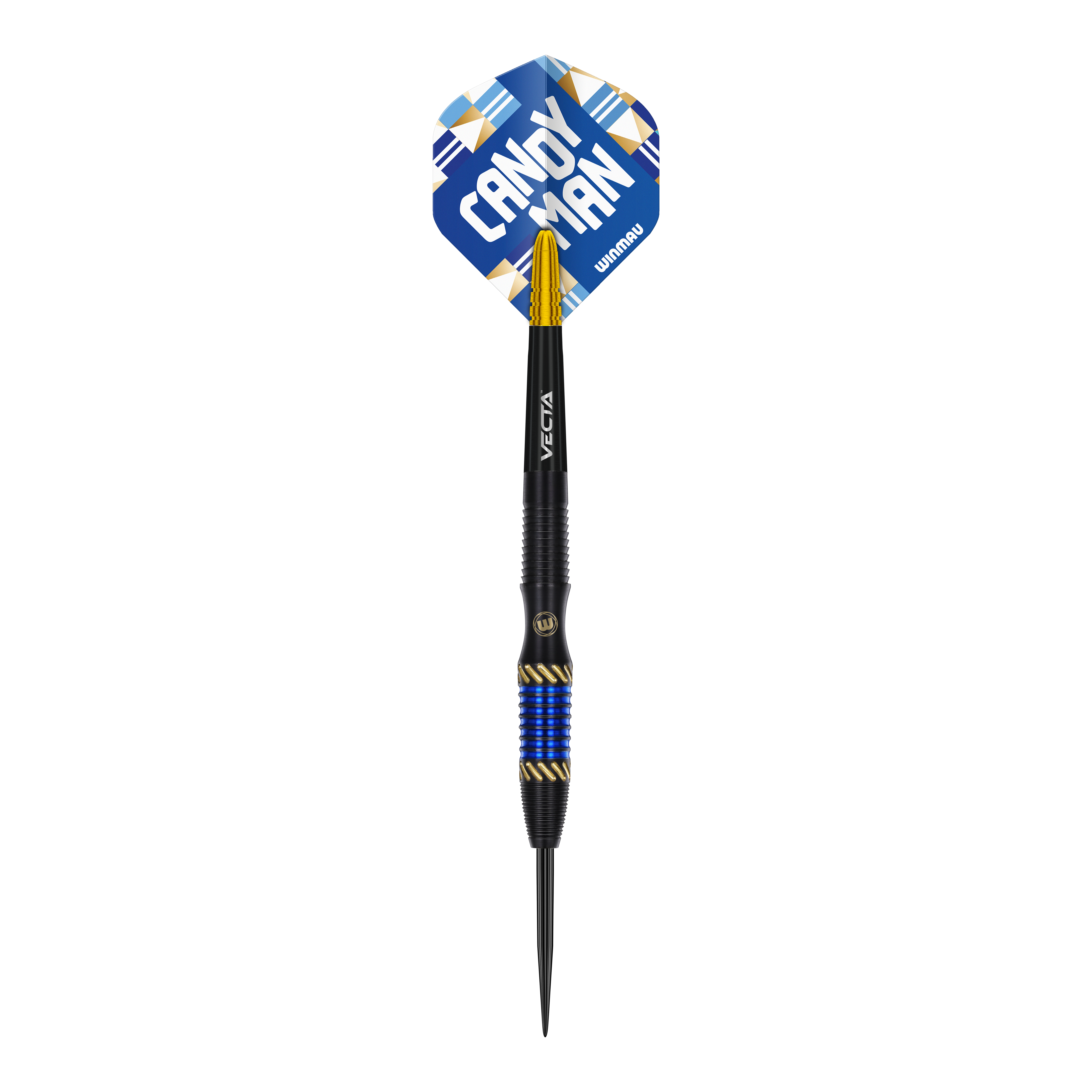 Dardos de acero Winmau Rashad Sweeting - 24 g Das Bild zeigt einen Winmau Rashad Sweeting Steeldart mit 24g Gewicht. Der Dart hat blaue und goldene Akzente sowie eine Flight mit der Aufschrift "CANDY MAN".