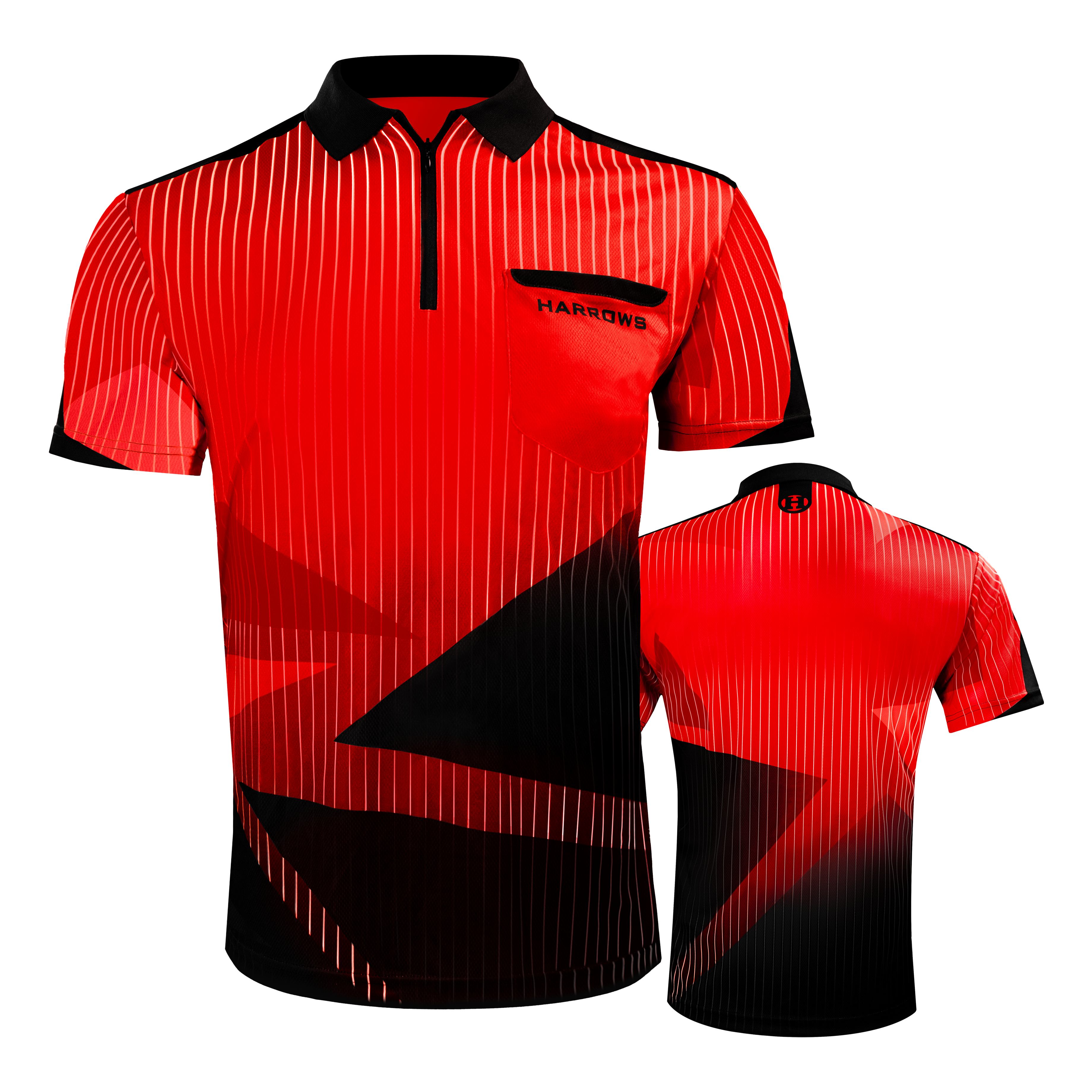 Harrows Shard Dartshirt - Rot Das Bild zeigt das Harrows Shard Dartshirt in Rot mit schwarzen und weißen Streifen sowie geometrischen Mustern. Das Shirt hat einen schwarzen Kragen und eine Brusttasche mit dem Schriftzug "HARROWS".