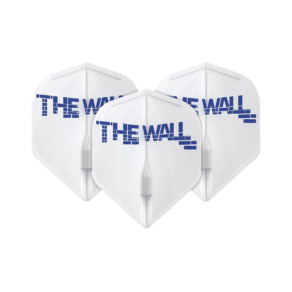 Vuelos Martin Schindler blancos estilo L1EZ Das Bild zeigt drei weiße Dart-Flights mit der blauen Aufschrift "THE WALL". Die Flights sind das Modell L-Style Martin Schindler Weiß L1EZ.