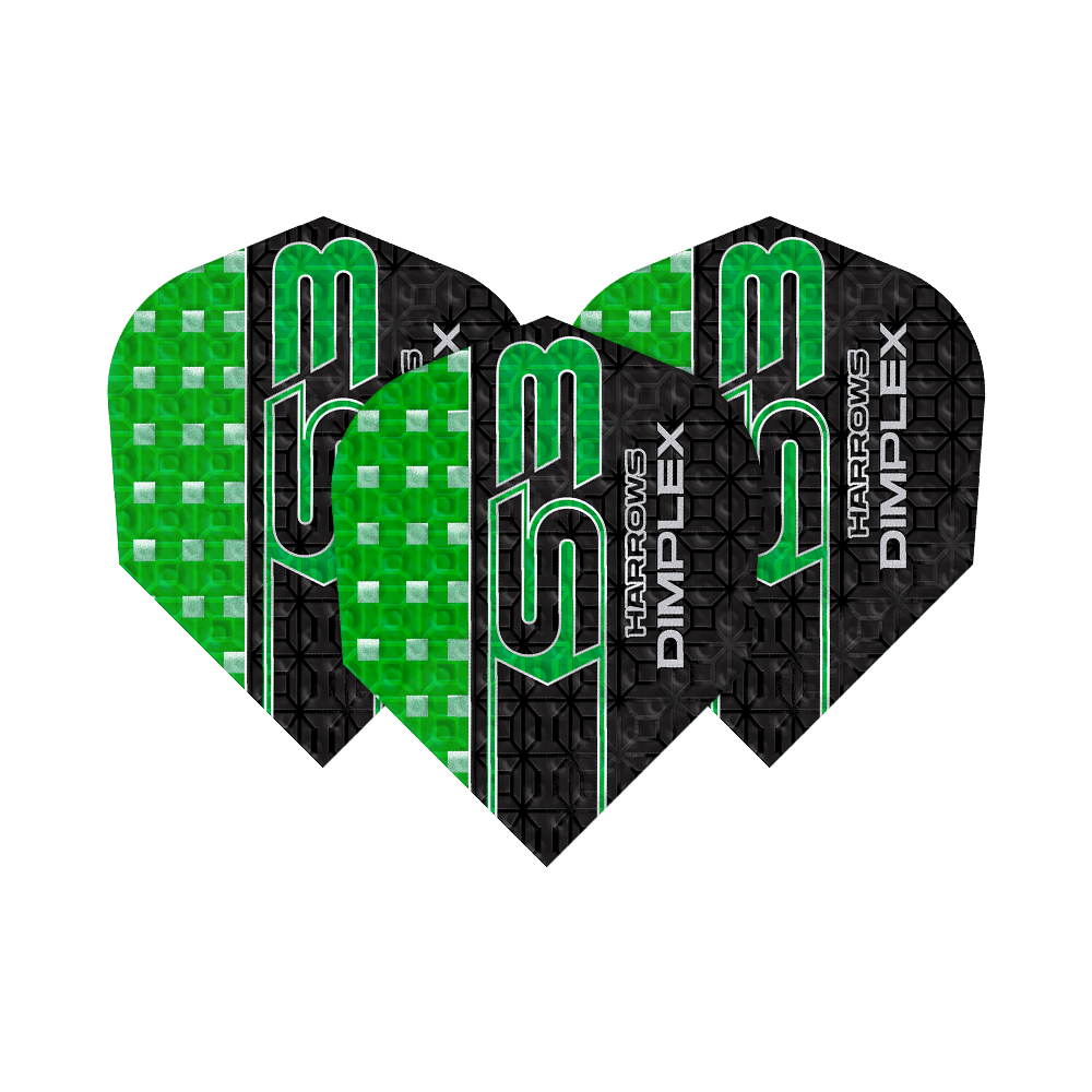 Plumas Harrows Dimplex S3 - Verde Das Bild zeigt drei grüne und schwarze Dart-Flights des Modells "Harrows Dimplex S3". Auf den Flights steht der Text "Harrows Dimplex S3" in grüner und weißer Schrift.