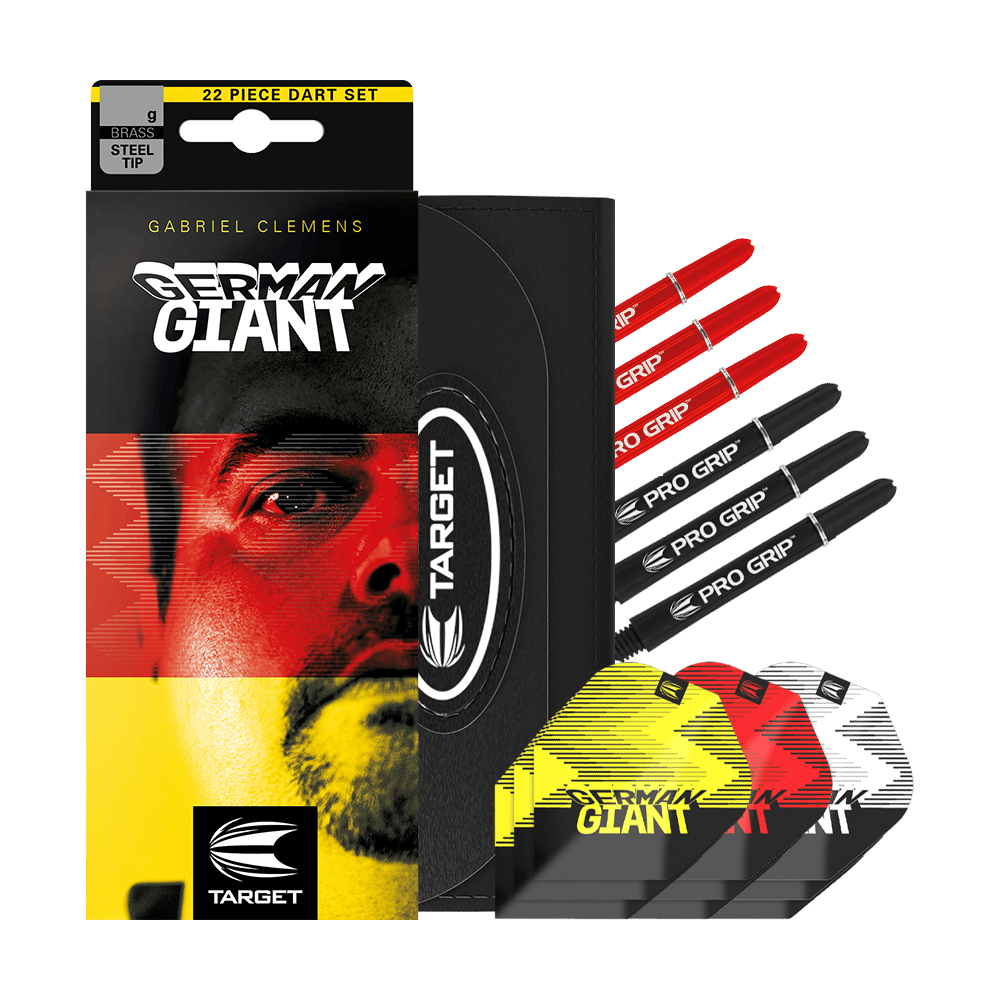 170005_Target_Gabriel_Clemens_Brass_Steeldarts_3g7ovhh0gPXQnn Das Bild zeigt das Produkt "Target Gabriel Clemens Brass Steeldarts - 22g" in einer auffälligen Verpackung. Zu sehen sind die Darts, verschiedene Flights und Zubehörteile, gestaltet in den Farben Schwarz, Gelb und Rot.