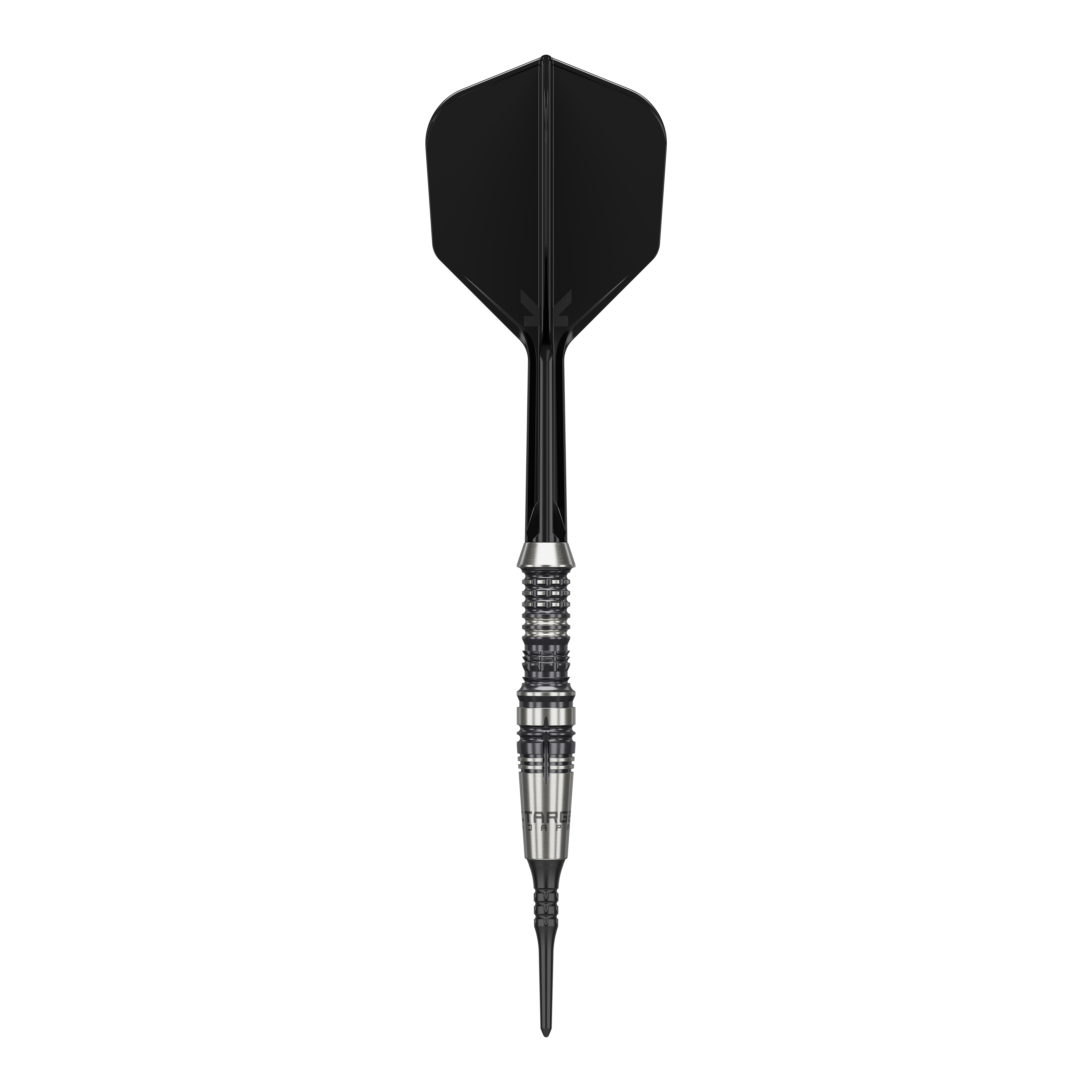 Dardos blandos Target Japan Black Marque Heracles - 18 g Das Bild zeigt einen Softdart der Marke 'Target Japan Black Marque Heracles' mit einem Gewicht von 18g. Der Dart hat ein elegantes Design mit schwarz-silbernem Barrel und schwarzer Spitze sowie Flight.