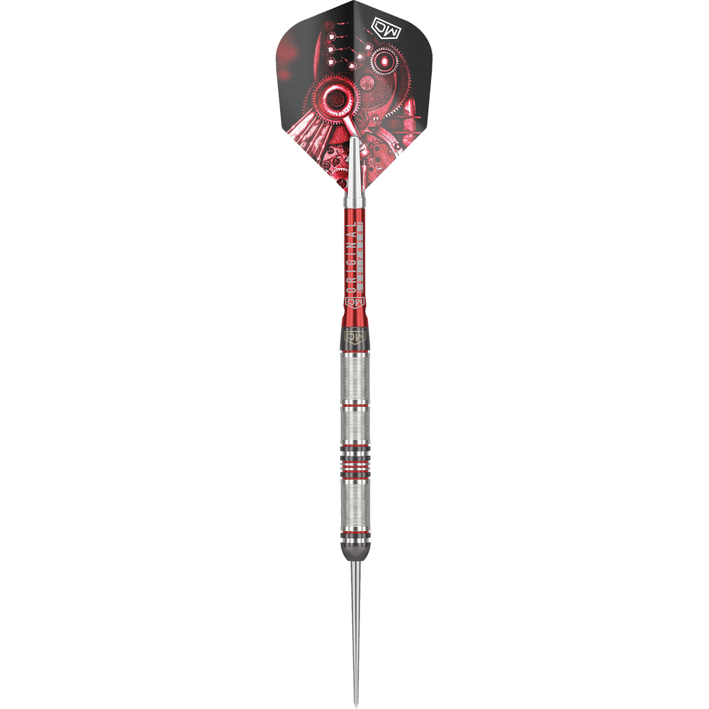 Dardos de acero DW Piranha Razor 01 Das Bild zeigt den Steeldart "DW Piranha Razor 01". Der Dart hat ein silbernes Griffstück mit roten Akzenten und eine Flight mit mechanischem Design.