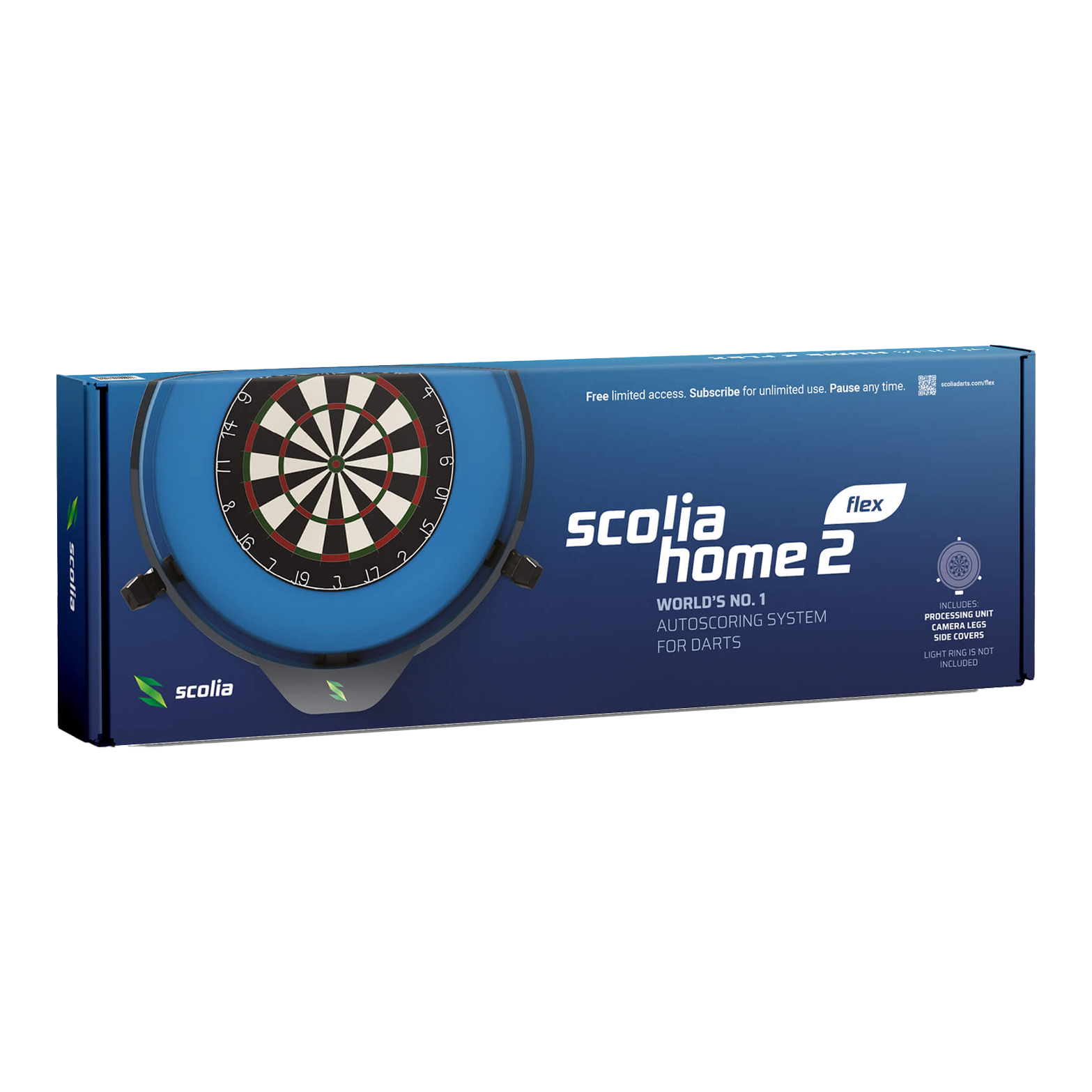 Scolia Home 2 FLEX - Sistema electrónico de autopuntuación 2026 Das Bild zeigt die Verpackung des Produkts "Scolia Home 2 FLEX – Elektronisches Punktesystem". Es ist ein automatisches Auswertungssystem für Darts.