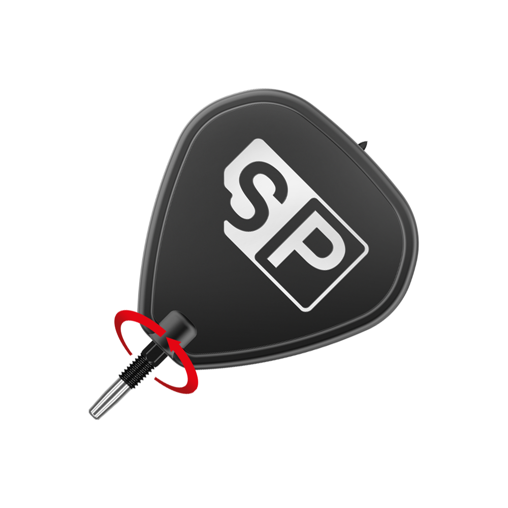 Puntas de dardos Target Swiss Point Black Das Bild zeigt eine schwarze Dartspitze mit der weißen Aufschrift "SP". Im unteren Bereich ist ein rotes Element zu sehen, das die Spitze hervorhebt.