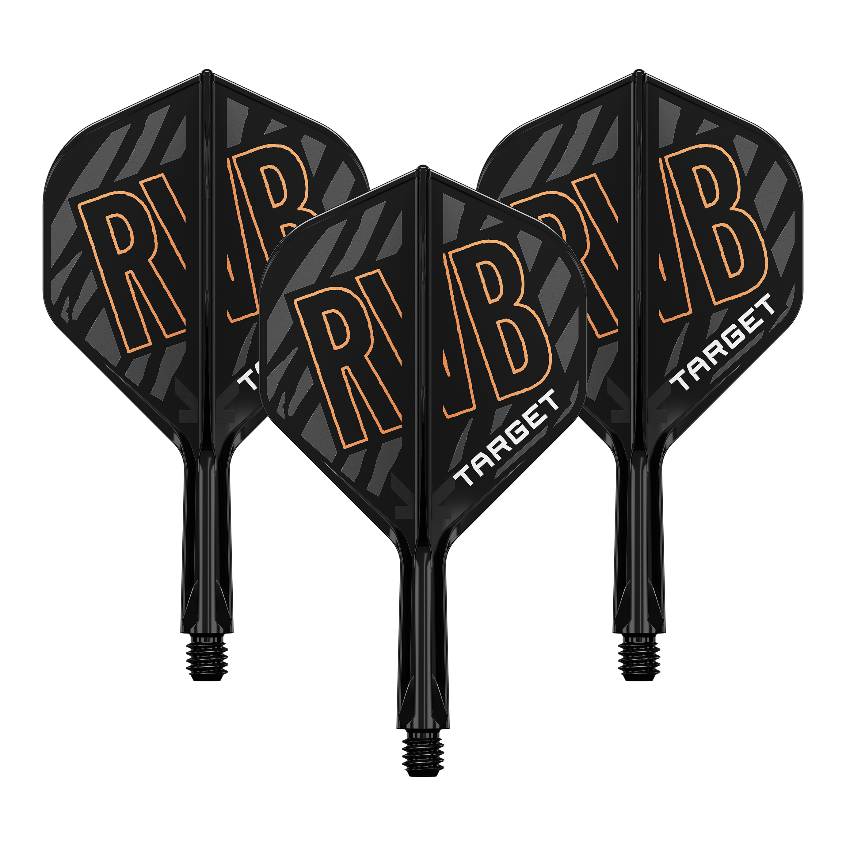 Target K-Flex Raymond Van Barneveld No2 Sistema de eje de vuelo estándar Auf dem Bild sind drei schwarze Dart Flights mit dem orangefarbenen Schriftzug "RVB" zu sehen. Unten auf den Flights steht in weißer Schrift das Wort "TARGET".
