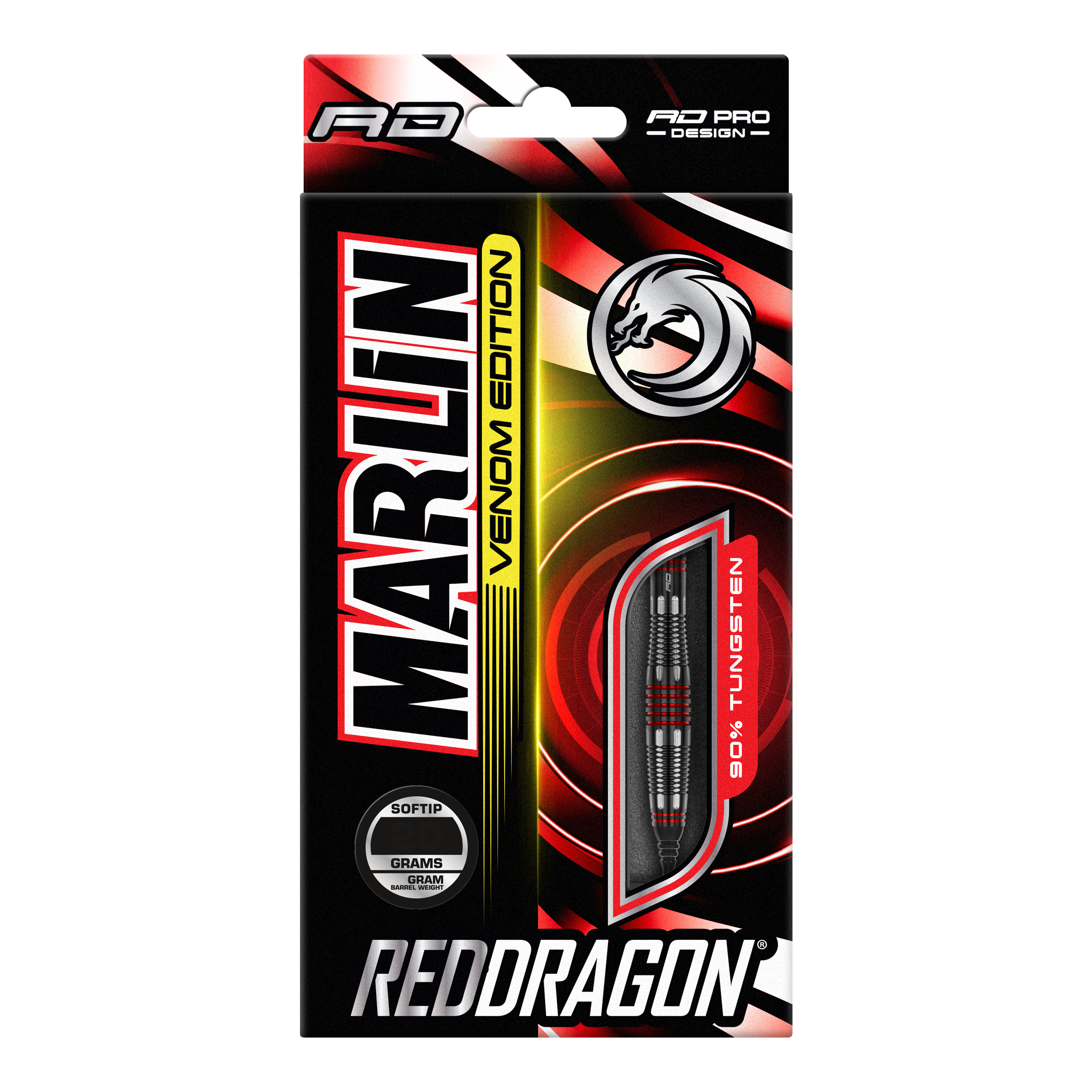 Dardos blandos Red Dragon Marlin Venom - 22 g Die Abbildung zeigt die Verpackung der "Red Dragon Marlin Venom Softdarts - 22g". Die Verpackung ist schwarz-rot gestaltet und hebt die Darts mit 90% Tungsten-Anteil hervor.
