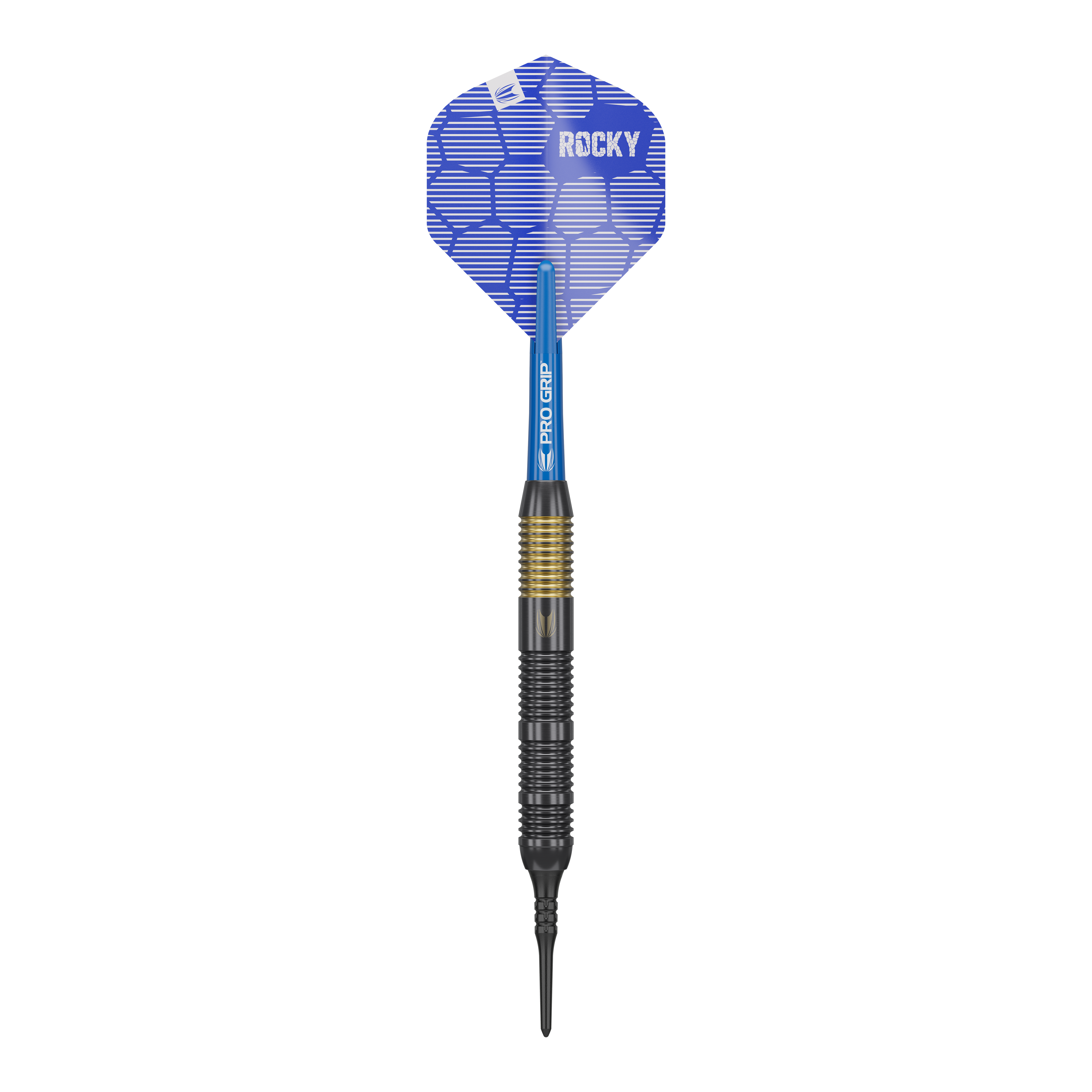 Dardos blandos Target Josh Rock Brass - 18 g Das Bild zeigt einen Target Josh Rock Brass Softdart mit einem Gewicht von 18g. Der Dart hat eine blaue Flight mit der Aufschrift "ROCKY" und einen messingfarbenen Griffbereich.