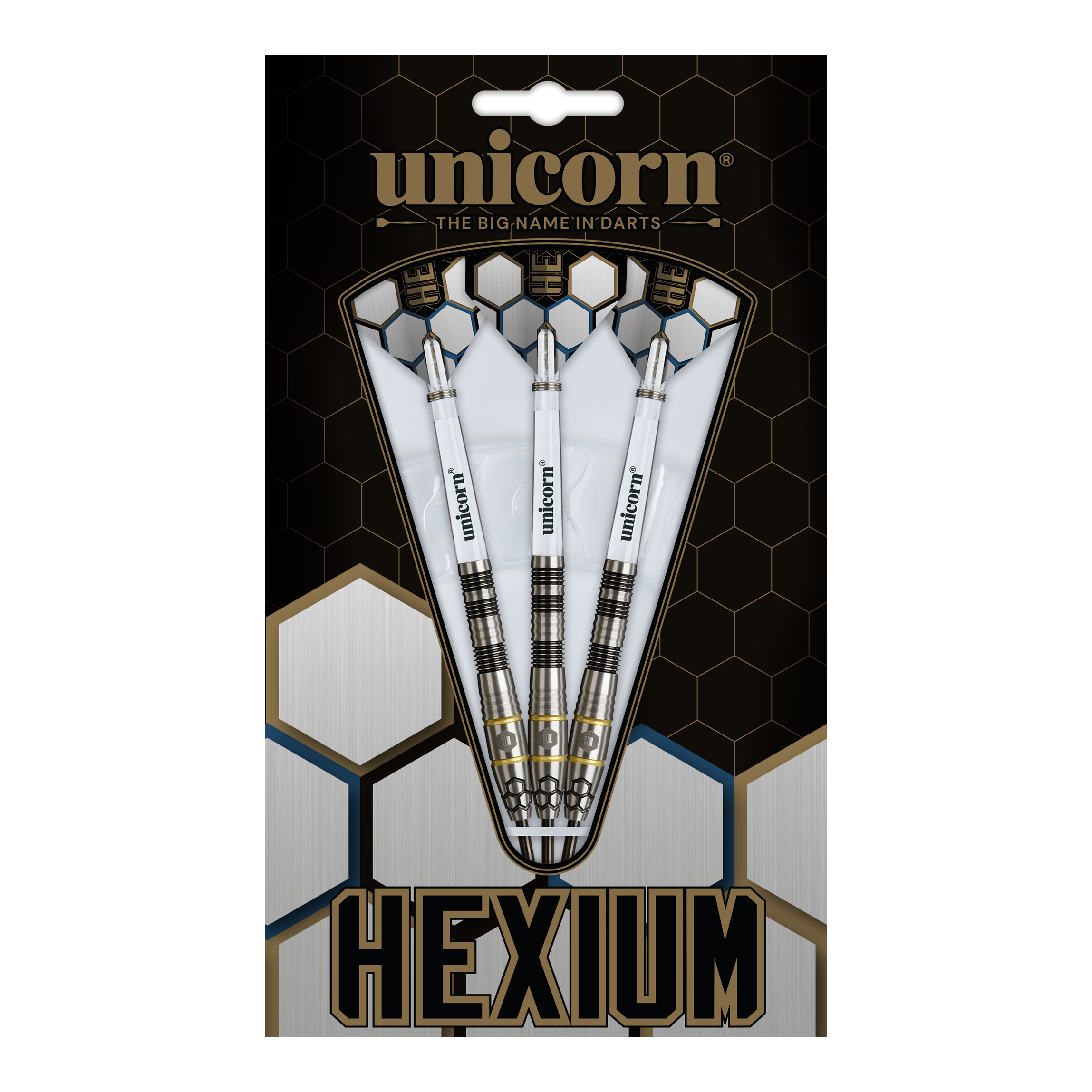 Dardos de acero Unicorn Hexium Style 01 negros y dorados Unicorn Hexium Style 01 Black & Gold Steeldarts sind auf diesem Bild abgebildet. Die Abbildung zeigt die schwarzen und goldenen Steeldarts in Nahaufnahme.