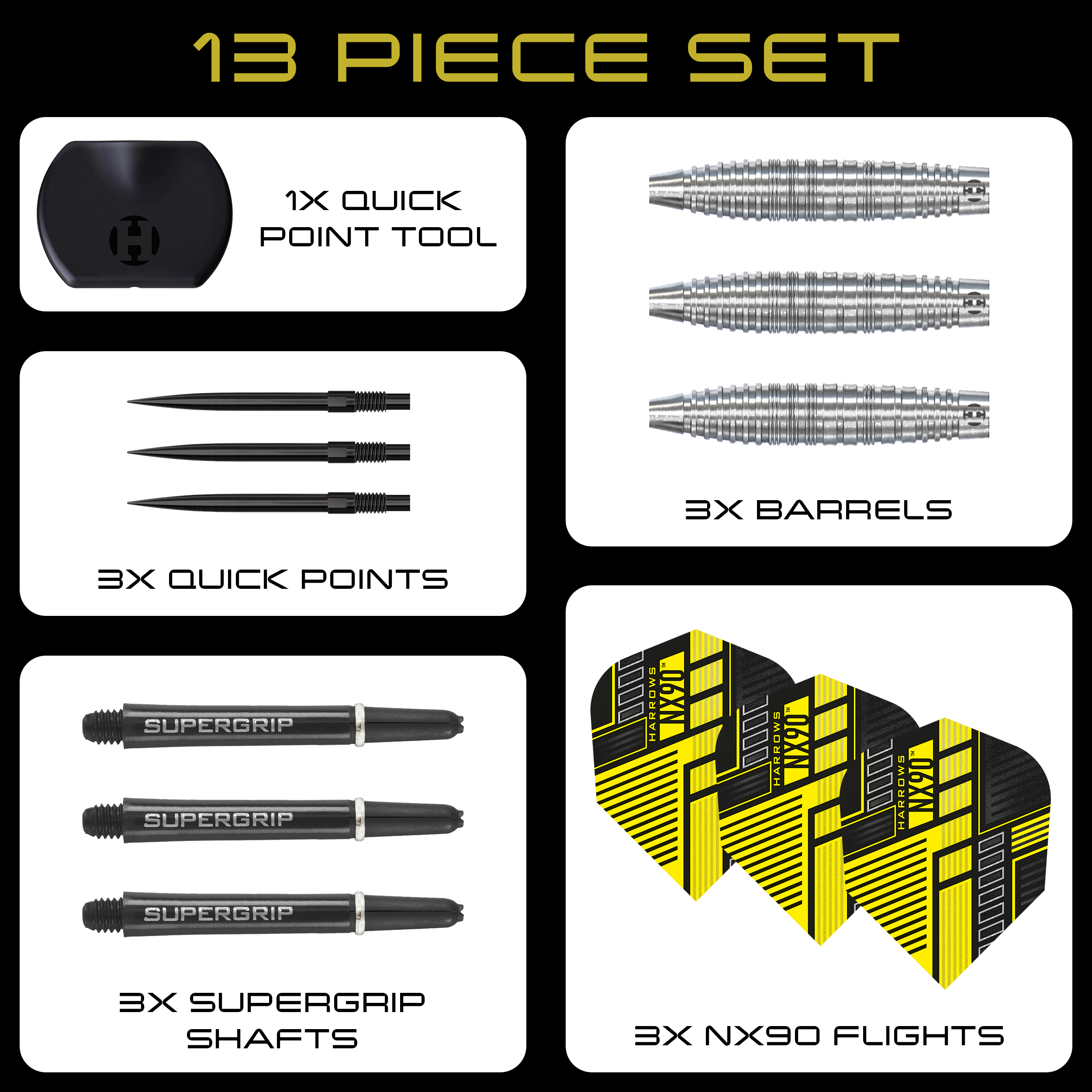 Dardos de acero de punta rápida Harrows NX90 Bomb Das ist ein Bild der Harrows NX90 Bomb Quick Point Steeldarts. Sie eignen sich besonders für Präzisionswürfe beim Dartspiel.