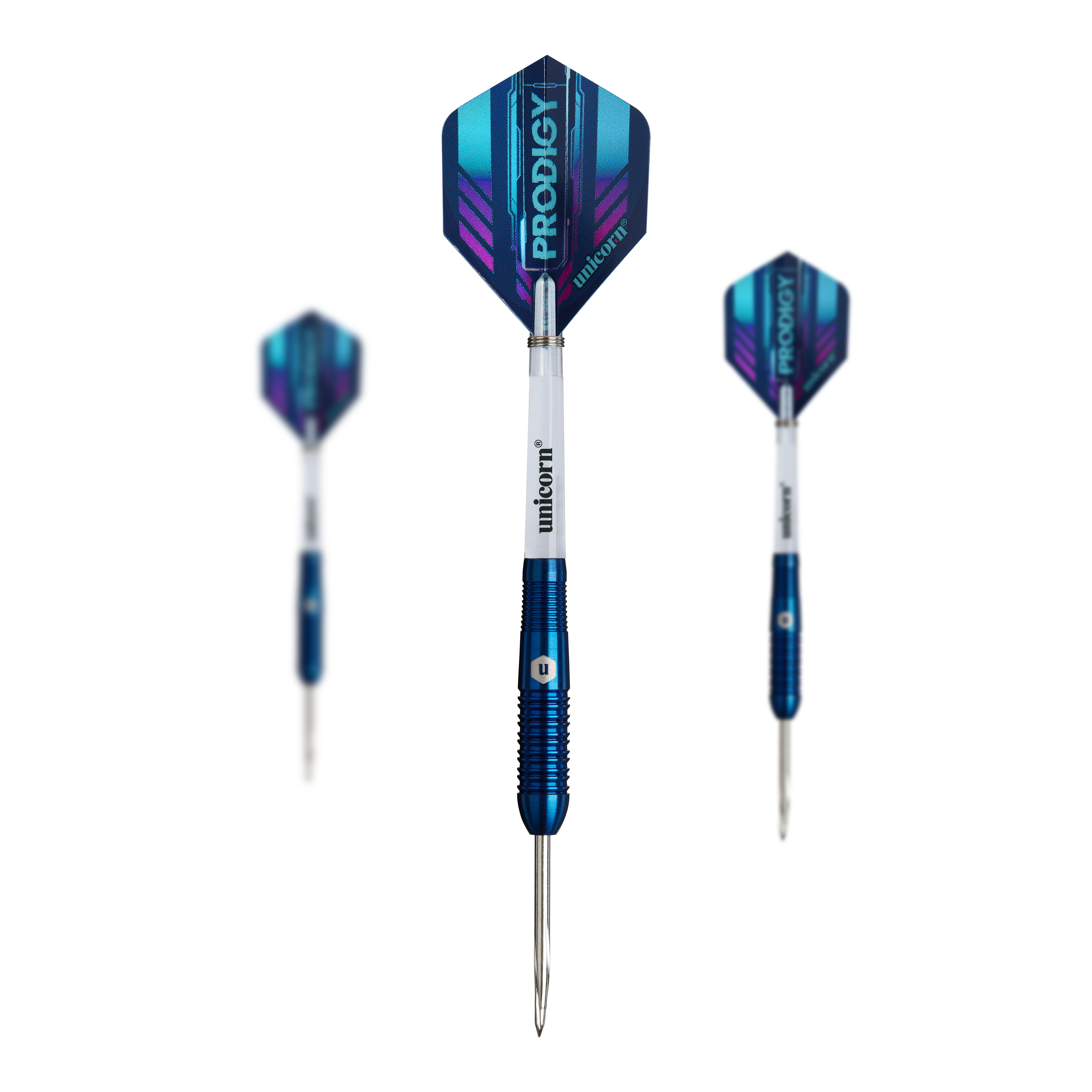 Dardos de acero Unicorn Prodigy 02 Torpedo Das Bild zeigt drei "Unicorn Prodigy 02 Torpedo Steeldarts" mit blauen Flights und silber-blauen Schäften. Die Pfeile sind scharf und für das Steeldartspiel geeignet.