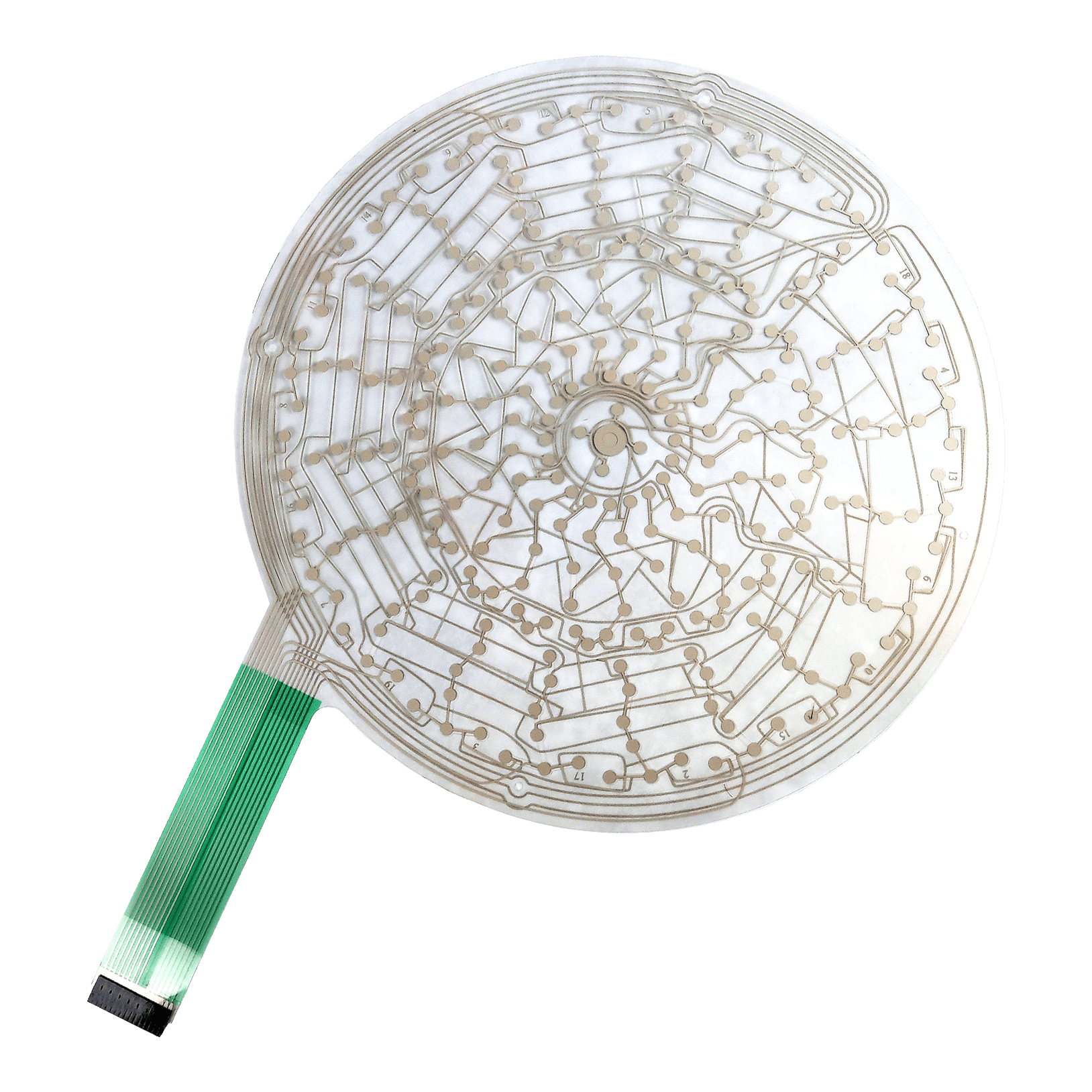Repuesto para Karella E-Master Auf dem Bild ist eine runde, transparente Leiterplatte mit feinen Leiterbahnen zu sehen. An der linken Seite befindet sich ein grünes Flachbandkabel zum Anschluss.