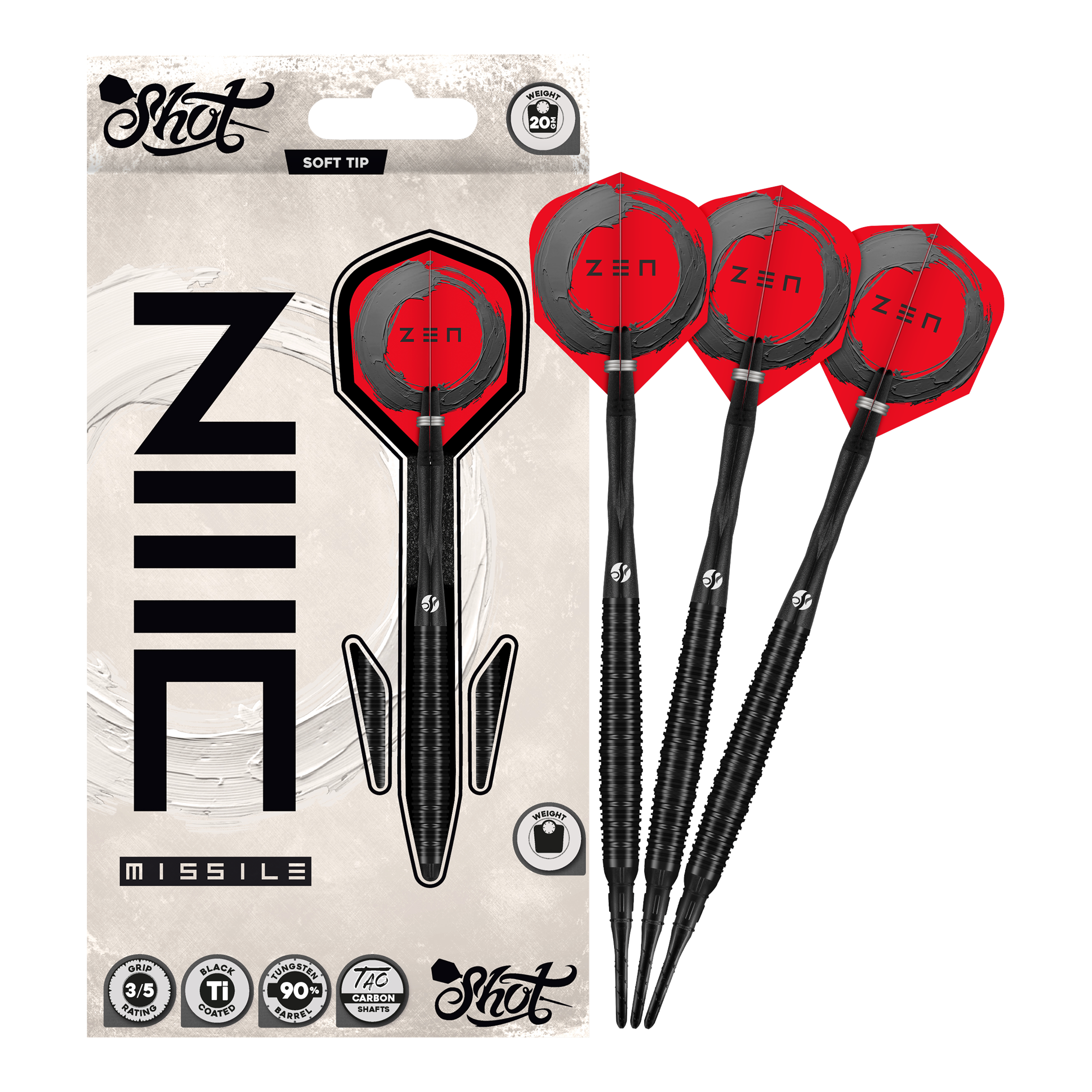 Dardos blandos Shot ZEN Missile - 20 g Auf dem Bild ist der vollständige Satz der Shot ZEN Missile Softdarts - 20g zu sehen. Diese Pfeile sind für anspruchsvolle Dartspieler konzipiert.