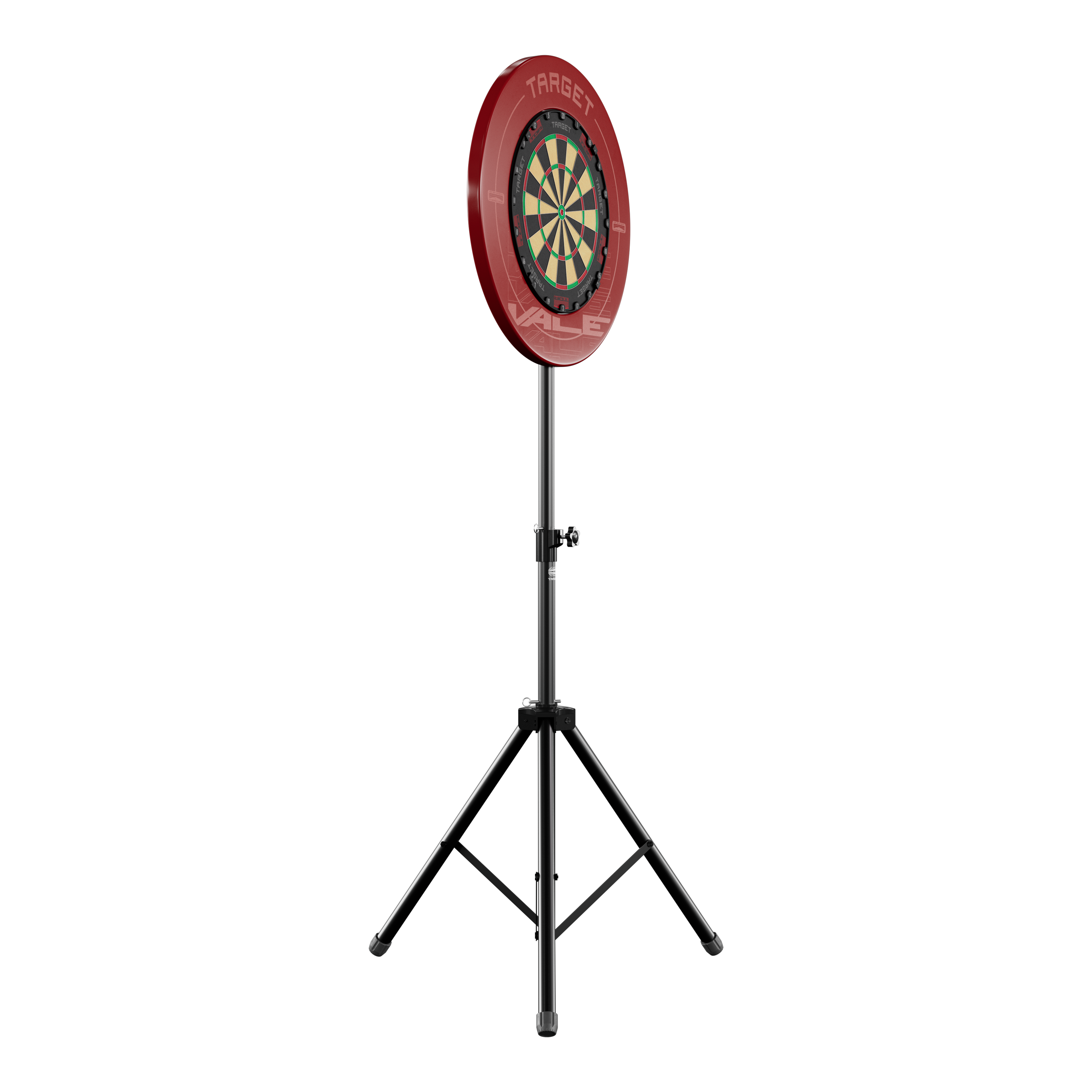 Soporte para diana Das Bild zeigt einen Dartboard-Ständer mit einer runden Dartscheibe und rotem Auffangring. Der Ständer hat drei stabile Beine und ist höhenverstellbar.