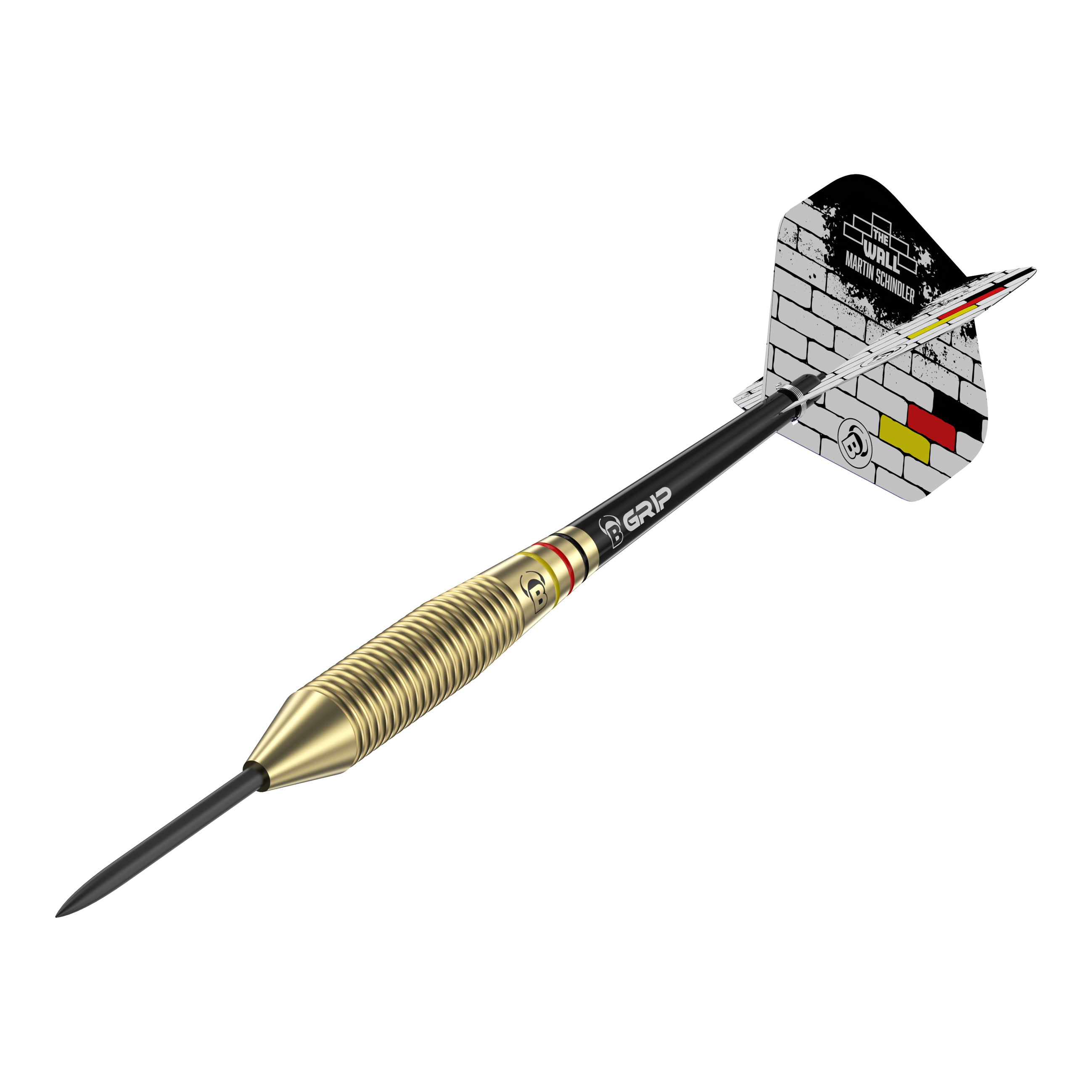 Das Bild zeigt einen Steeldart mit messingfarbenem Griff und schwarzem Schaft. Auf dem Flight steht "The Wall Martin Schindler" vor einem gemauerten Hintergrund mit den Farben der deutschen Flagge.