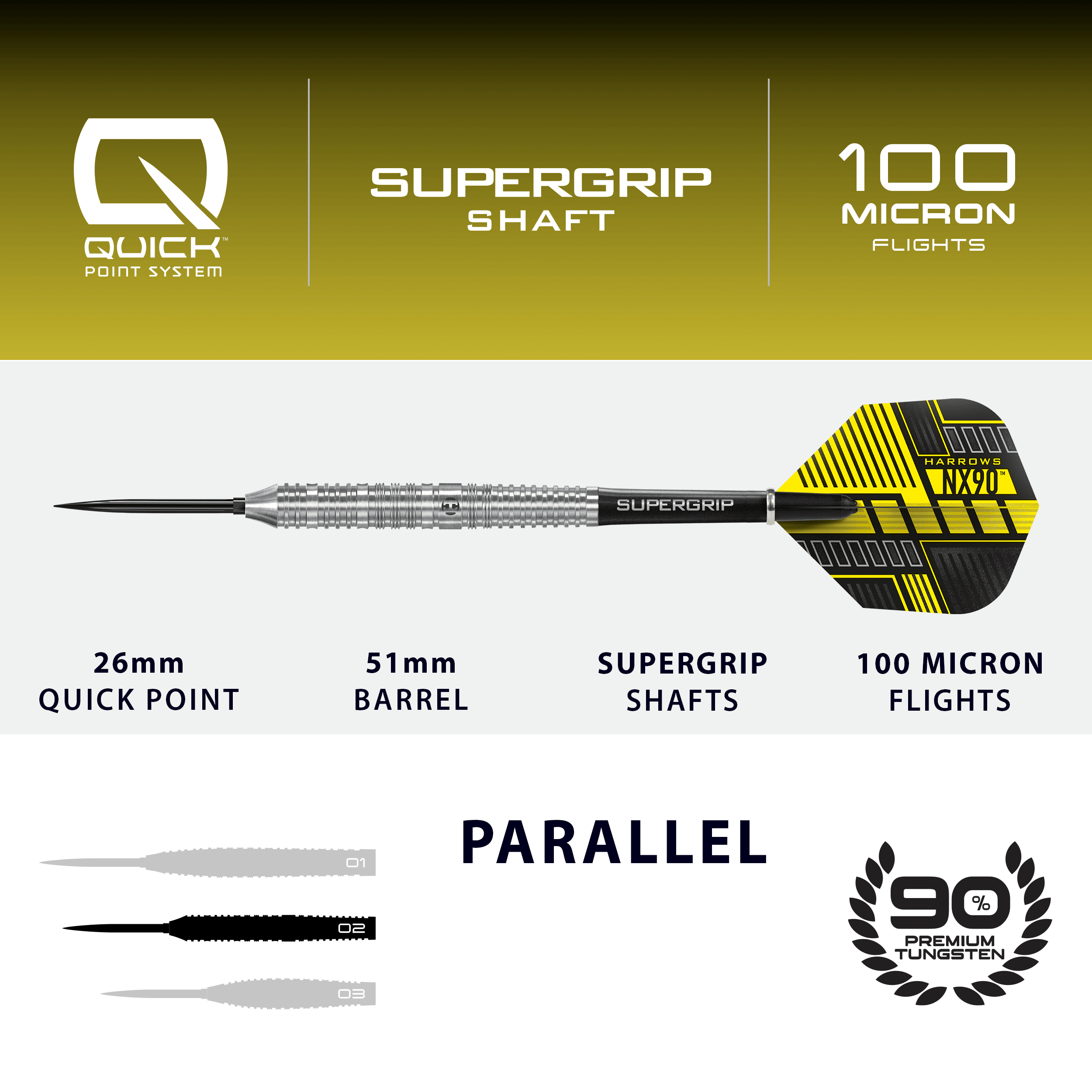Dardos de acero de punta rápida paralela Harrows NX90 Abgebildet sind die Harrows NX90 Parallel Quick Point Steeldarts. Diese Steeldarts eignen sich für den ambitionierten Dartspieler.