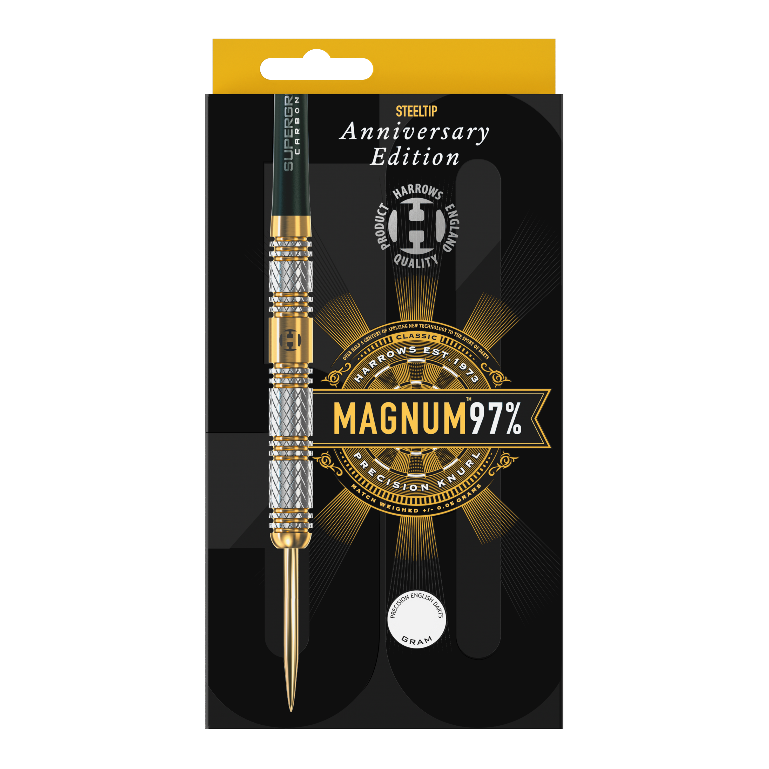 Dardos de acero Magnum edición aniversario de Harrows Das Bild zeigt eine Verpackung für einen Steeldart der Marke Harrows, Anniversary Edition. Auf der Verpackung steht "MAGNUM 97%" und das Design ist in Schwarz und Gold gehalten.