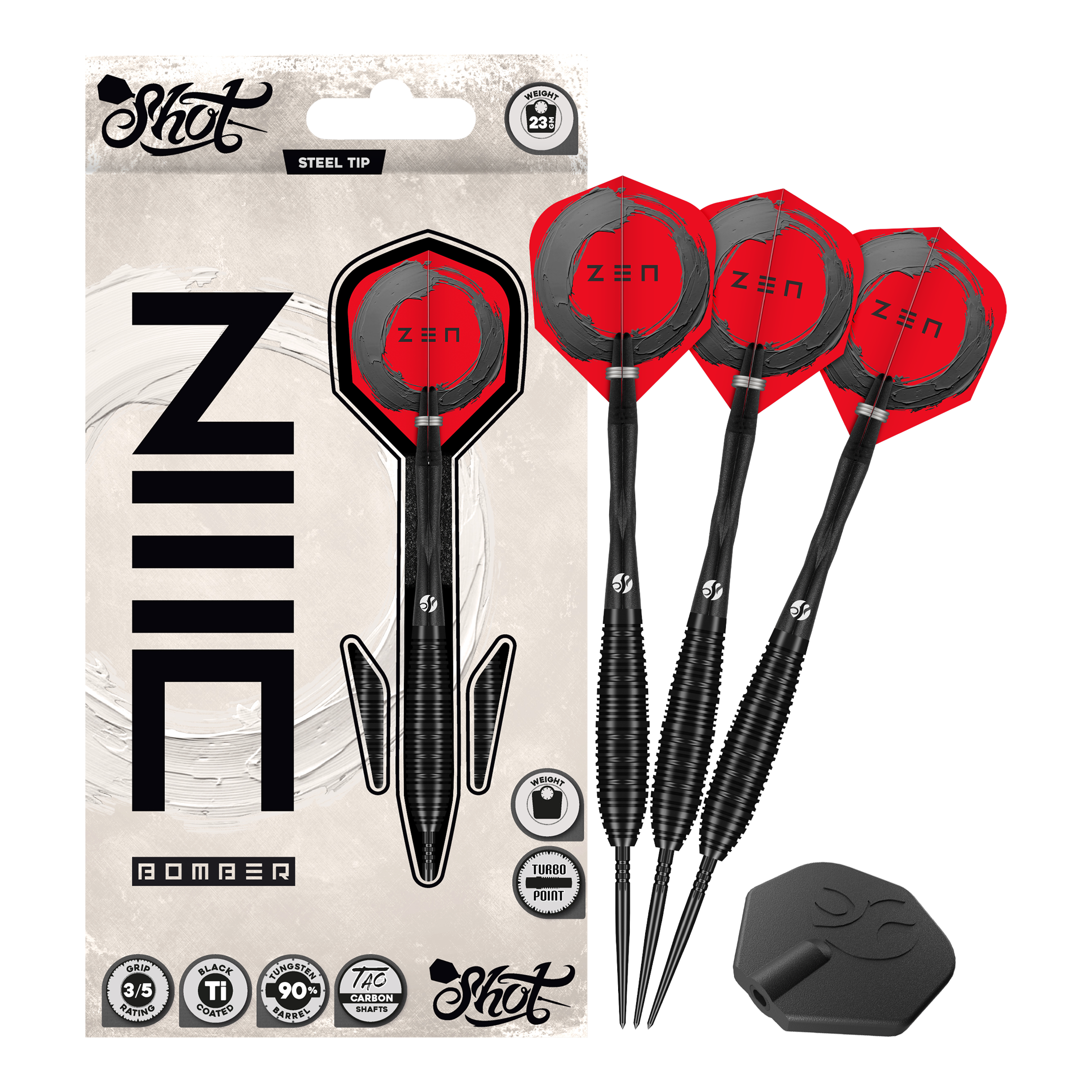 Dardos de acero Shot ZEN Bomber Turbo Point Auf dem Foto ist das Set Shot ZEN Bomber Turbo Point Steeldarts vollständig abgebildet. Dieses Set enthält alle notwendigen Darts für das Spiel.