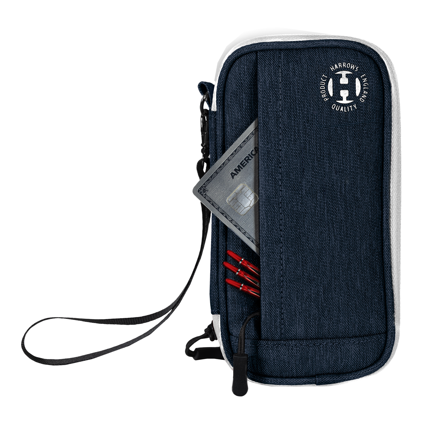 Cartera inteligente Harrows Dartcase Das Bild zeigt ein blaues Harrows Smart Case Dartetui mit einer Handgelenkschlaufe. In einer Außentasche befinden sich eine Kreditkarte und mehrere rote Dartspitzen.