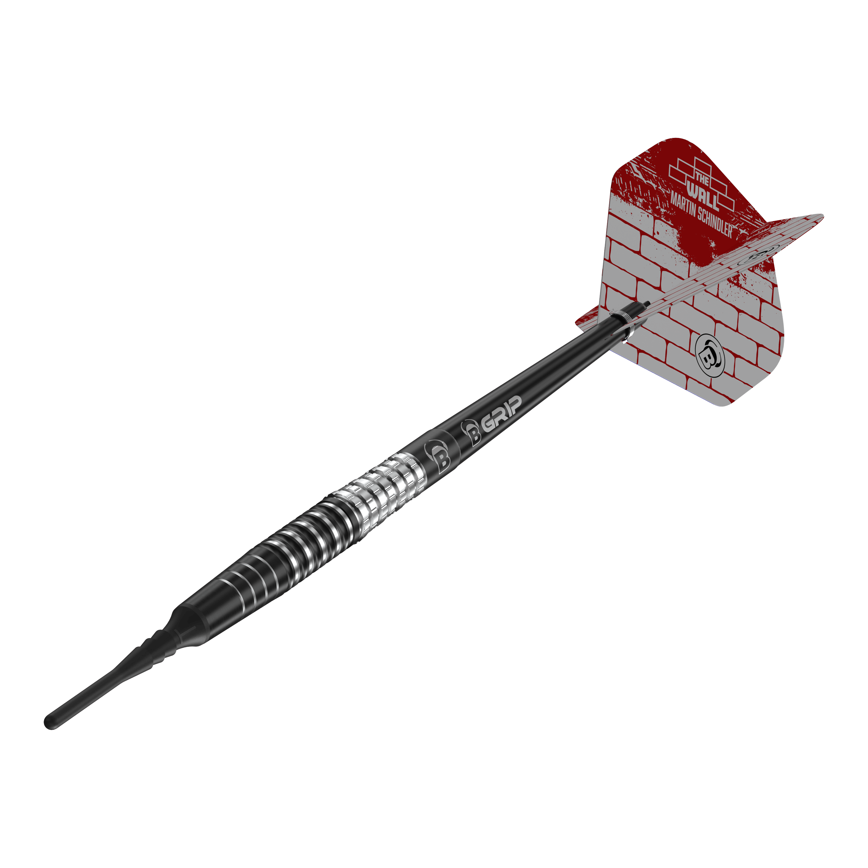 Dardos blandos Bulls Martin Schindler Original Generation 3 Das Bild zeigt einen Softdart aus der Serie "Bulls Martin Schindler Original Generation 3". Der Dart hat ein schwarzes und silbernes Barrel sowie eine rot-weiße Flight mit Mauerstein-Design.