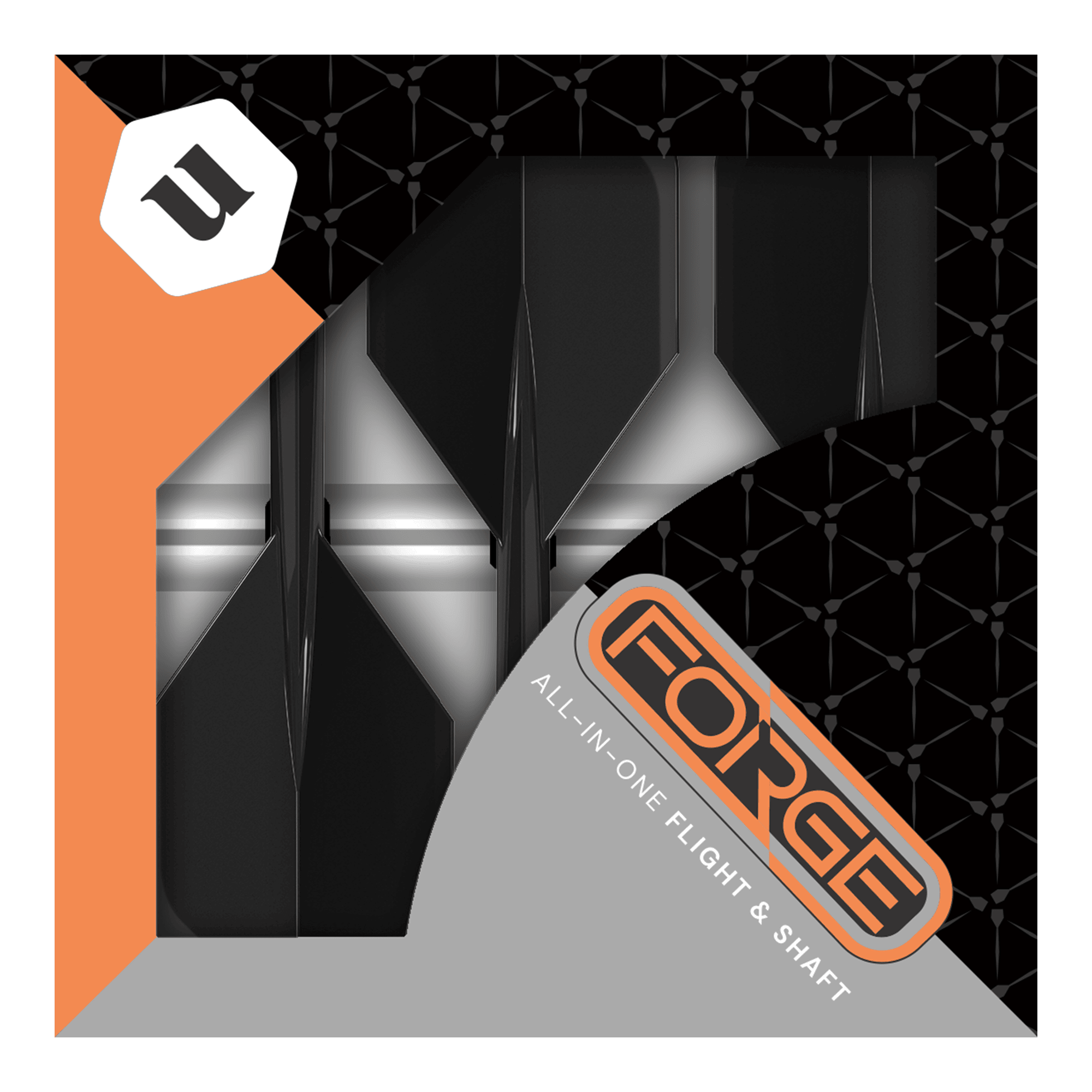 Plumas estándar Unicorn Forge All In One Plus No2, color negro (tamaño mediano) Das Bild zeigt die Verpackung der „Unicorn Forge All In One Plus No2 Standard Flights Schwarz - Medium“. In der Packung sind schwarze Dart-Flights und -Shafts zusammen als Set zu sehen.