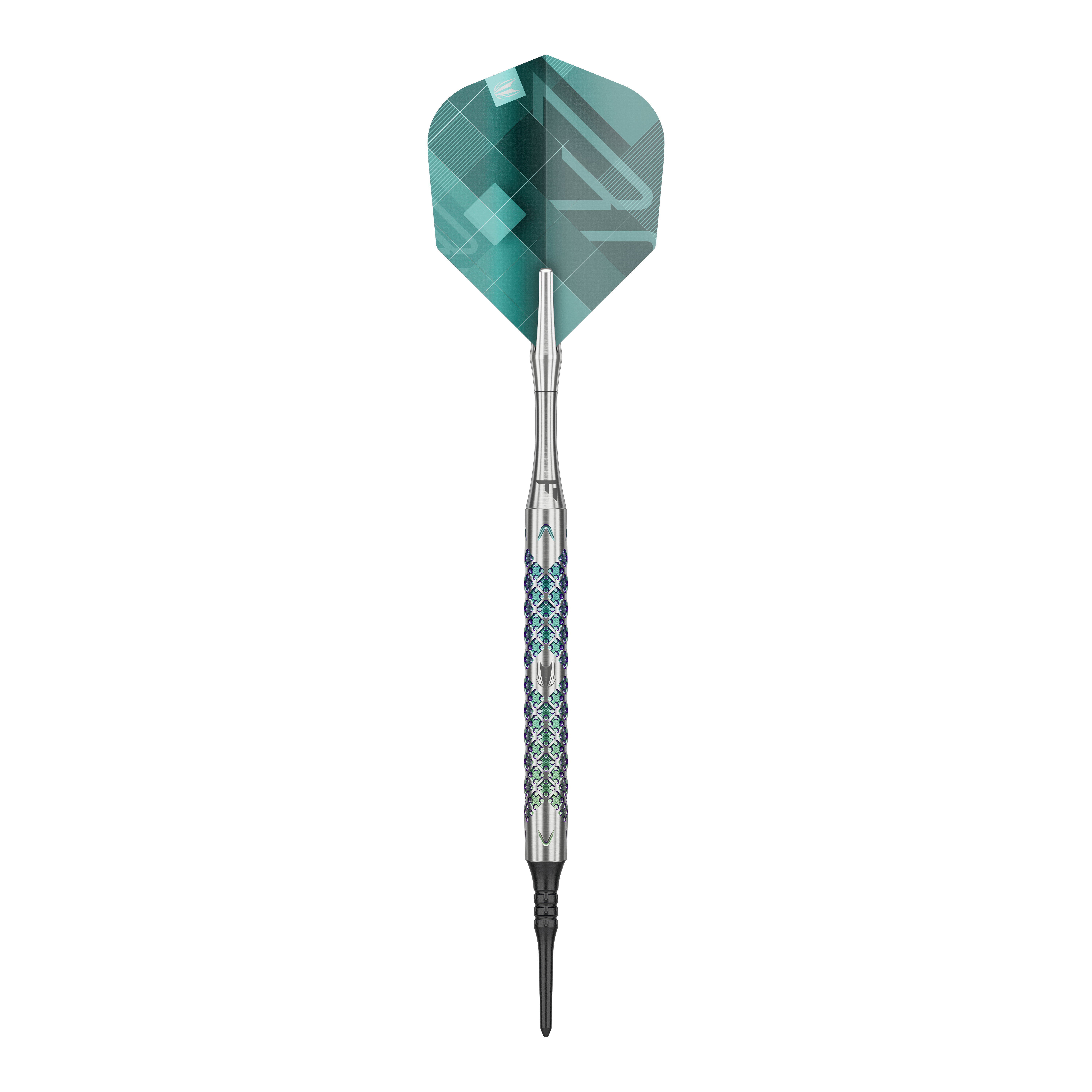 Dardos blandos Target Rove 10 Das Bild zeigt einen einzelnen Softdart der Marke Target Rove 10. Der Dart hat ein silbernes Griffstück mit farbigen Akzenten und grüne Flights.