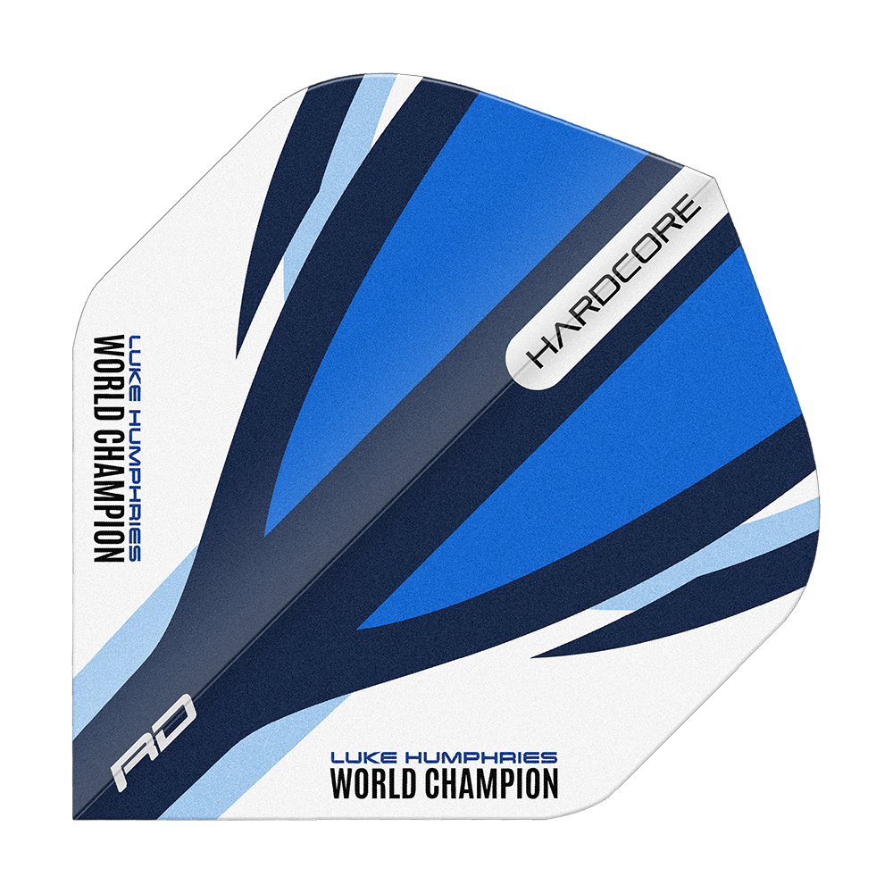 Vuelos estándar Red Dragon Hardcore Luke Humphries Azul Blanco Das Bild zeigt einen Dart-Flight in den Farben Blau, Weiß und Schwarz mit dem Aufdruck "LUKE HUMPHRIES WORLD CHAMPION". Auf dem Flight stehen außerdem die Wörter "HARDCORE" und "RD".