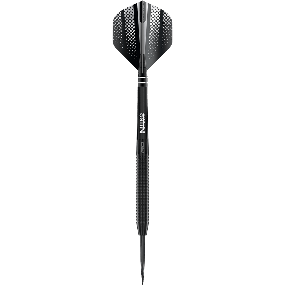 Dardos de acero negros Red Dragon Razor Edge Das Bild zeigt einen schwarzen Steeldart mit dem Namen "Red Dragon Razor Edge". Der Dart hat ein modernes Design mit geriffeltem Griff und schwarzer Spitze.
