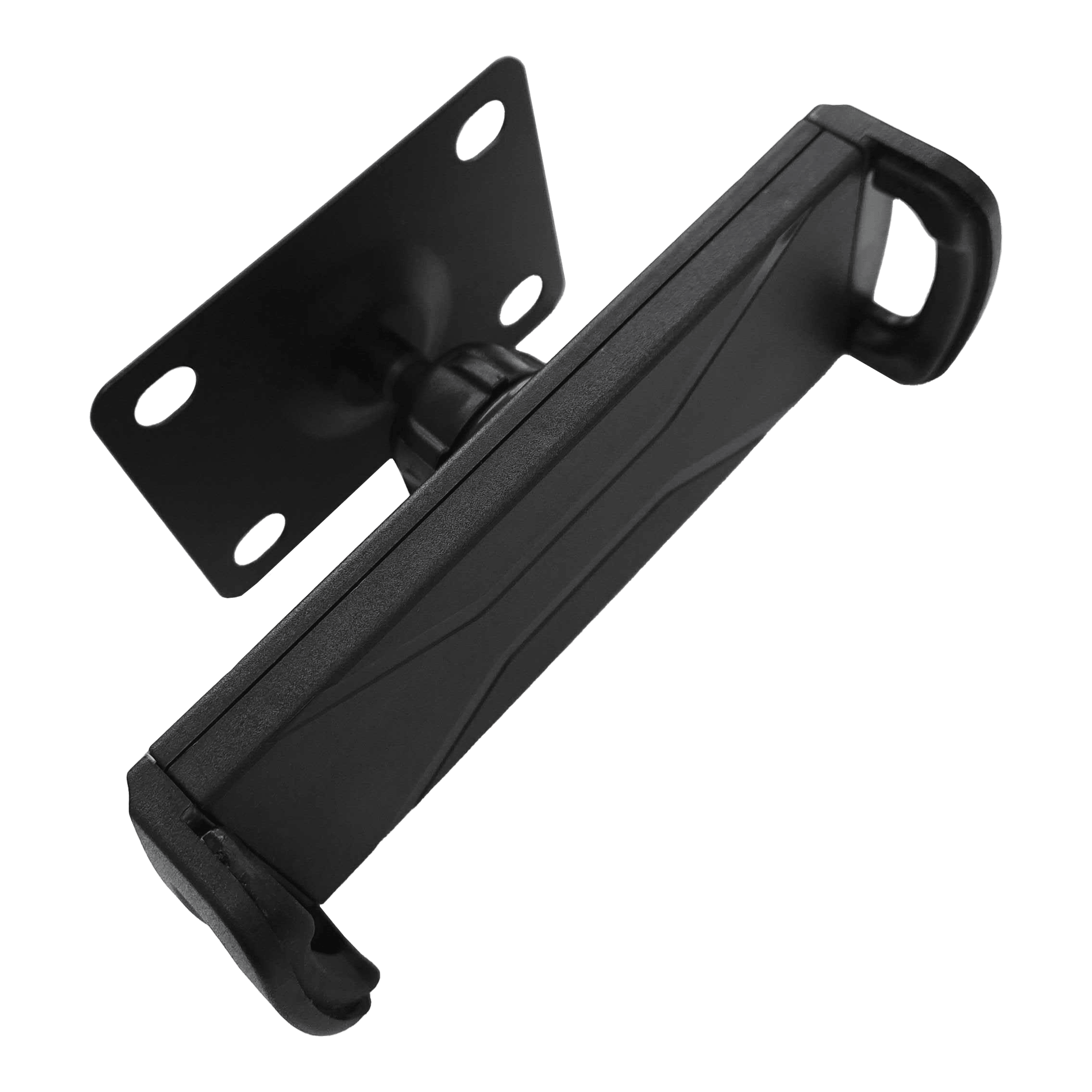 Soporte de pared para tablet McDart TABSteady Die Abbildung zeigt die McDart TABSteady Tablet Wandhalterung in schwarzer Farbe. Die Halterung verfügt über eine stabile Montageplatte und verstellbare Haltearme für Tablets.