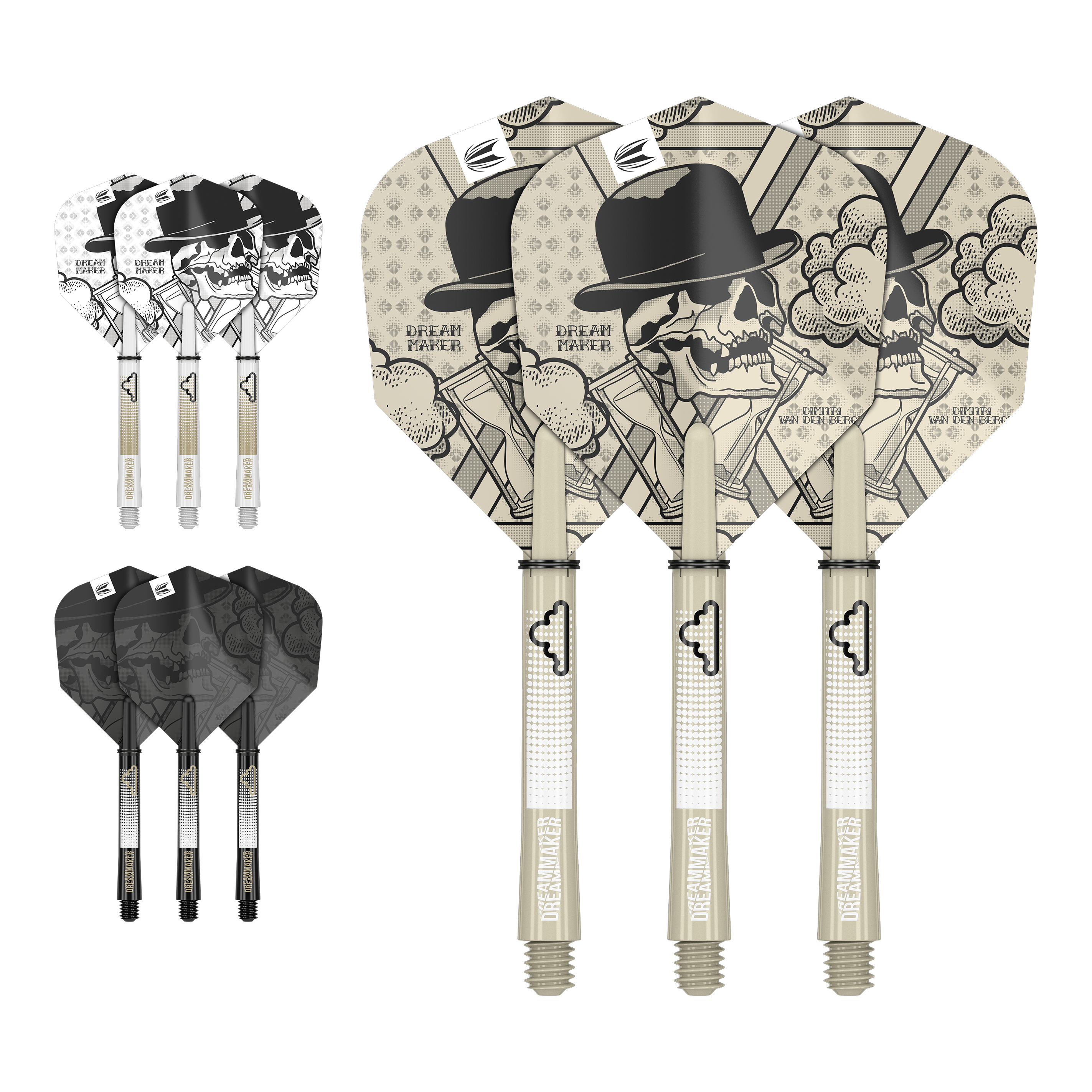 Kit de eje de vuelo Target Ink de Dimitri Van Den Bergh Auf dem Bild sind drei Dartflights mit Schädel- und Hutdesign sowie der Aufschrift "Dream Maker" zu sehen. Zusätzlich gibt es zwei weitere Sätze Flights in verschiedenen Farben, jeweils mit passenden Shafts.