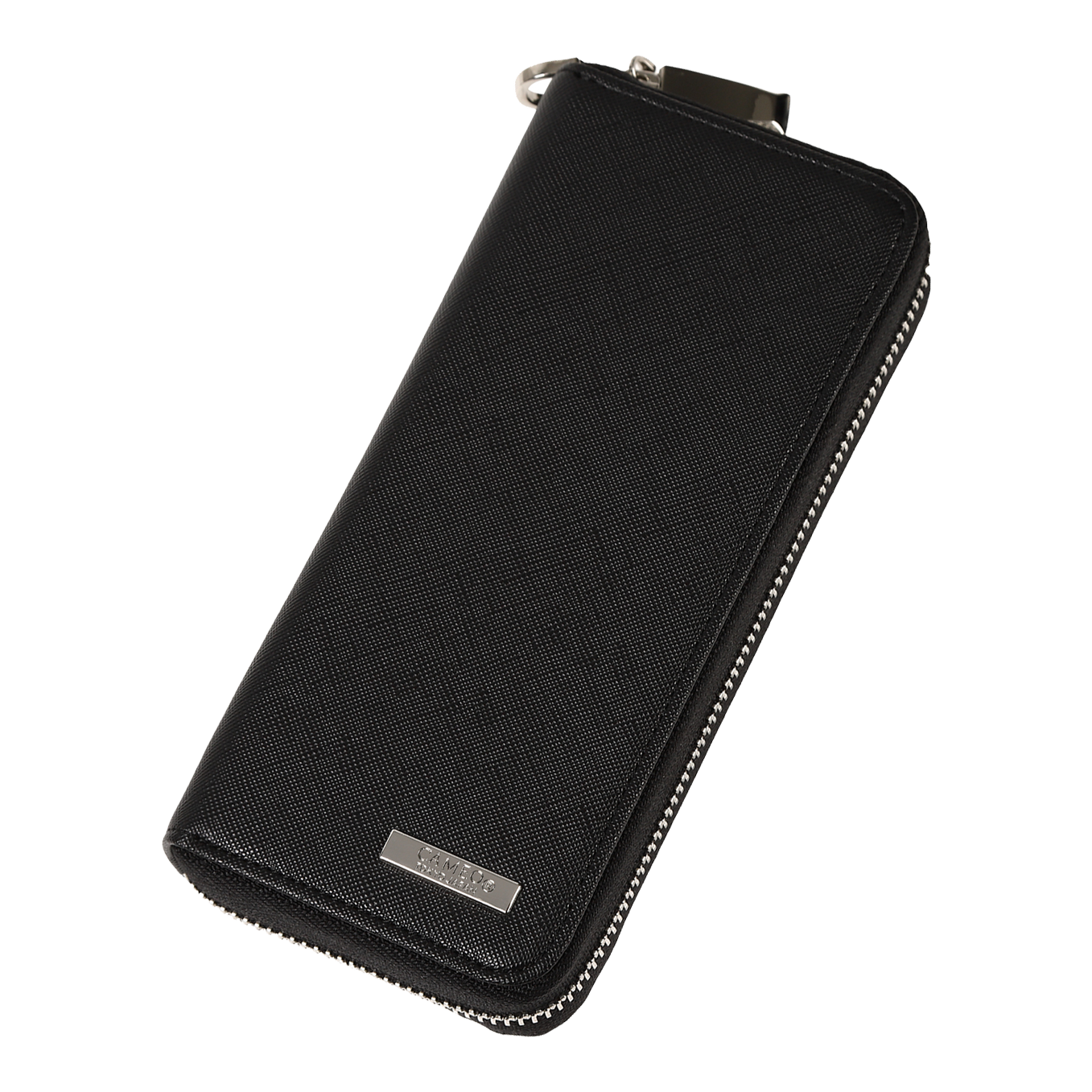 Caso de negocio Cameo Pro3 Die Abbildung zeigt ein elegantes, schwarzes Etui mit Reißverschluss. Auf der Vorderseite befindet sich eine kleine silberne Plakette mit der Aufschrift "CAMEO".
