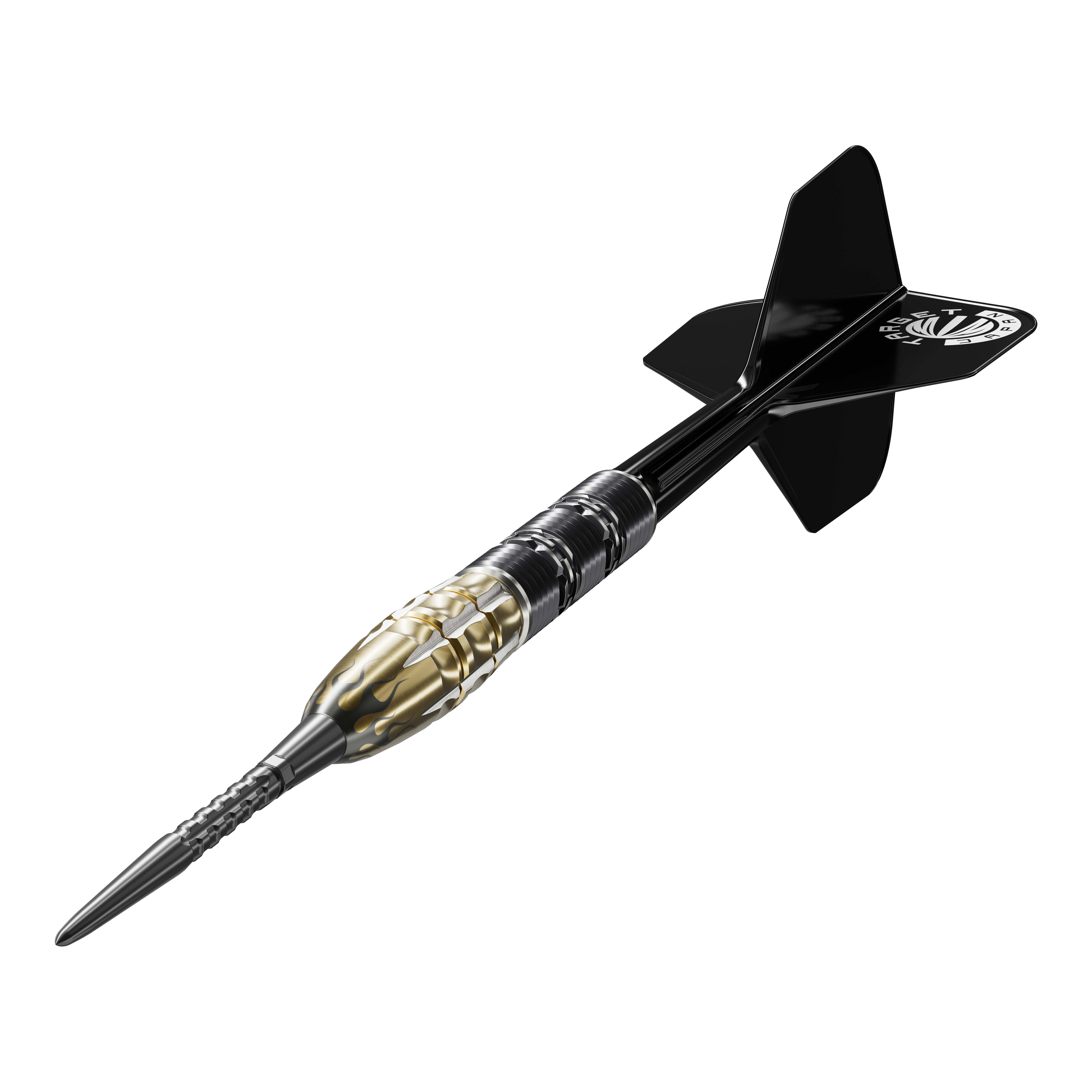 Dardos de acero Target Japan Pyro GEN11 Swiss Point - 22 g Auf dem Bild ist ein Target Japan Pyro GEN11 Swiss Point Steeldart mit einem Gewicht von 22g zu sehen. Der Dartpfeil hat ein auffälliges Design mit goldfarbenen und schwarzen Elementen.