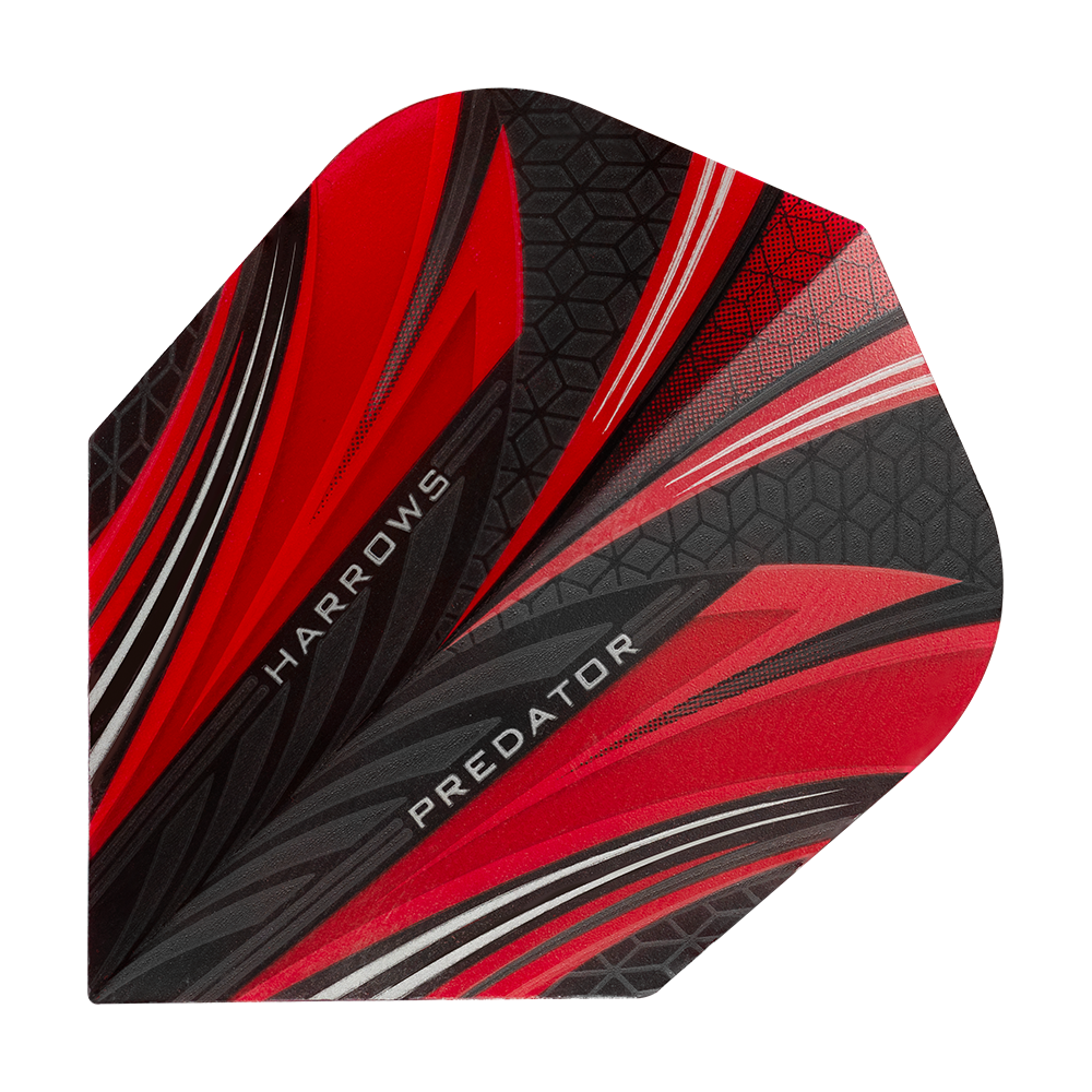HR7518_Harrows_Prime_Predator_Rot_No2_Standard_Flights_1 Das Bild zeigt ein Dart-Flight mit dem Namen "Harrows Prime Predator Rot No2 Standard Flights". Das Design ist hauptsächlich rot und schwarz mit weißen Akzenten und geometrischen Mustern.