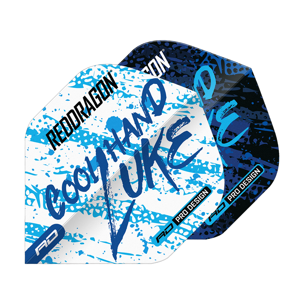 Vuelos estándar Red Dragon Luke Humphries, campeón mundial, azul, blanco y Yin Yang Das Bild zeigt die Red Dragon Luke Humphries World Champion Blue White Yin Yang Standard Flights. Die Flights sind in Blau, Weiß und Schwarz mit auffälligem Schriftzug und Farbspritzern gestaltet.