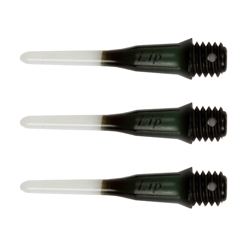 L-Style-Lippoints-Two-Tone-Short-Black9DPo8Ymd5O6s9 Das Bild zeigt drei zweifarbige, kurze Spitzen für Softdarts mit dem Aufdruck "Lip". Die Spitzen sind schwarz und weiß und haben ein Schraubgewinde am Ende.