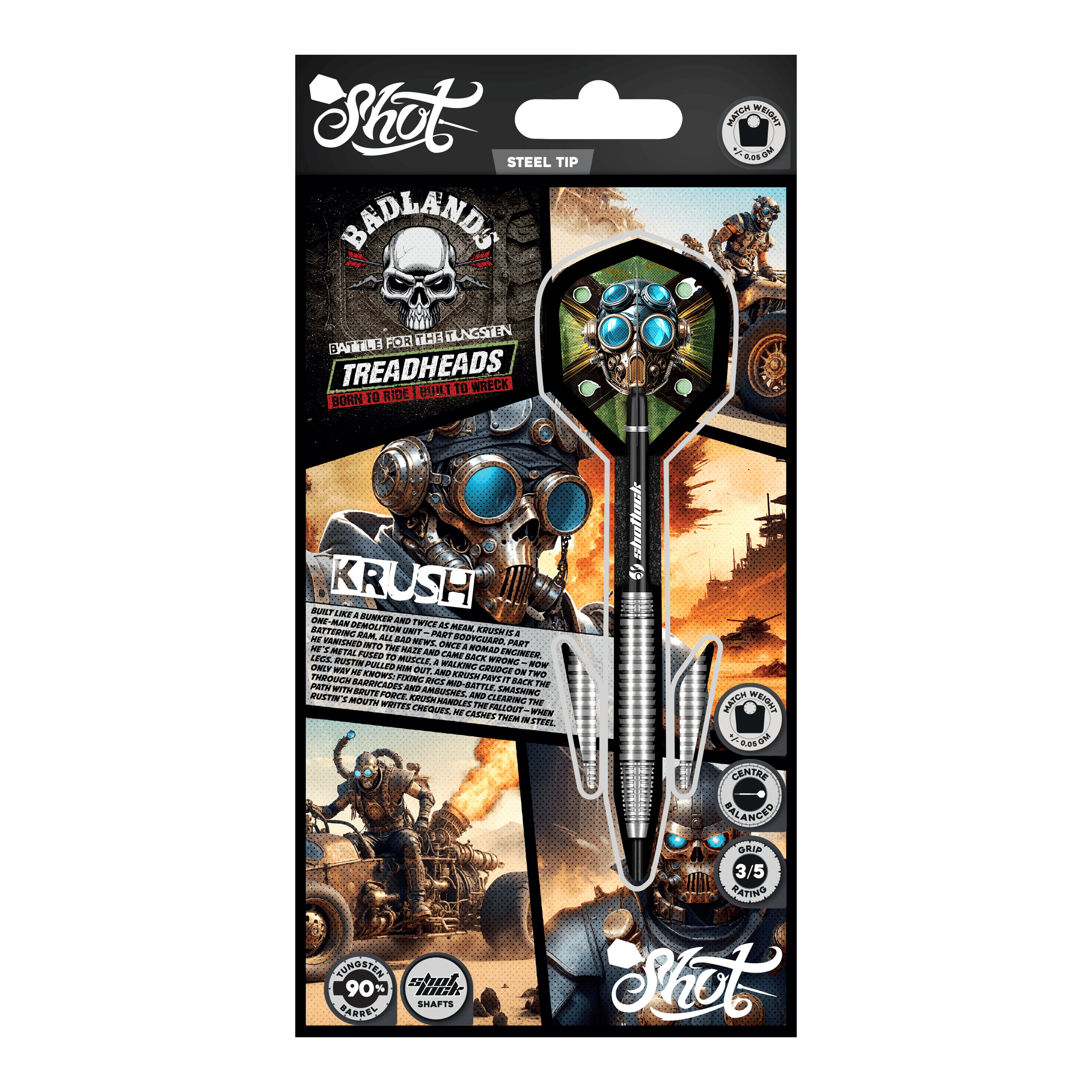 Abgebildet sind die Shot Badlands Krush Steeldarts. Diese Steeldarts sind für ein exaktes Spiel konzipiert.