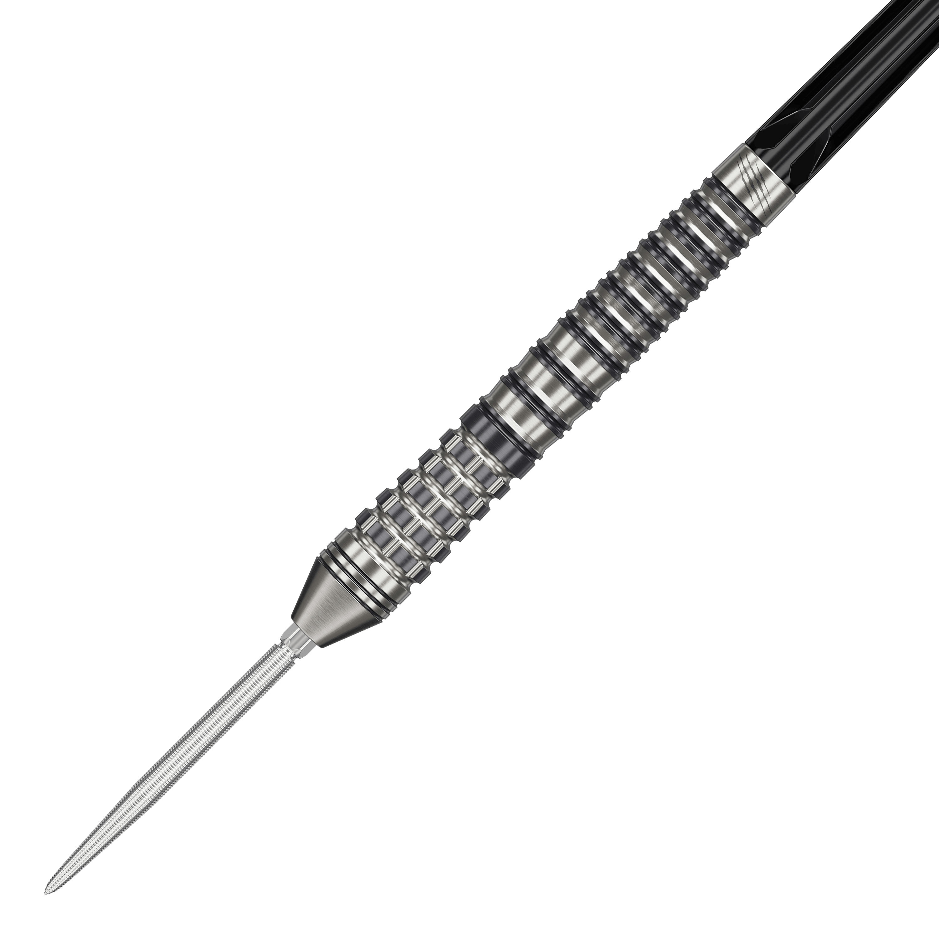 Dardos de acero Target Black Marque Renegade 4 Swiss Point Das Bild zeigt einen Target Black Marque Renegade 4 Swiss Point Steeldart. Der Dartpfeil hat eine silberne Spitze und einen strukturierten, geriffelten Griffbereich.