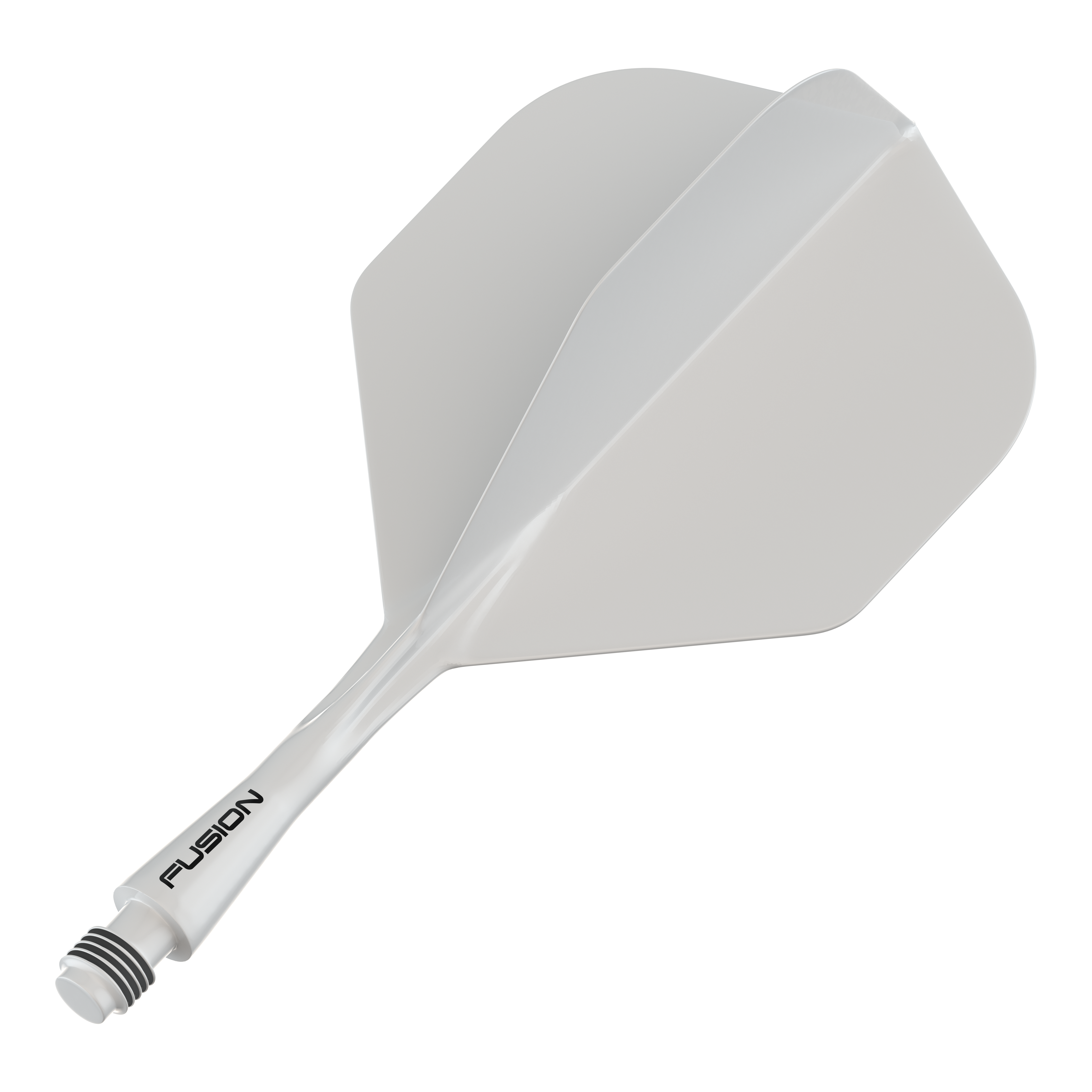 Sistema de eje de vuelo Winmau Fusion blanco estándar Das Bild zeigt ein weißes Dartflug- und Schaftsystem. Auf dem Schaft ist das Wort "FUSION" zu sehen.