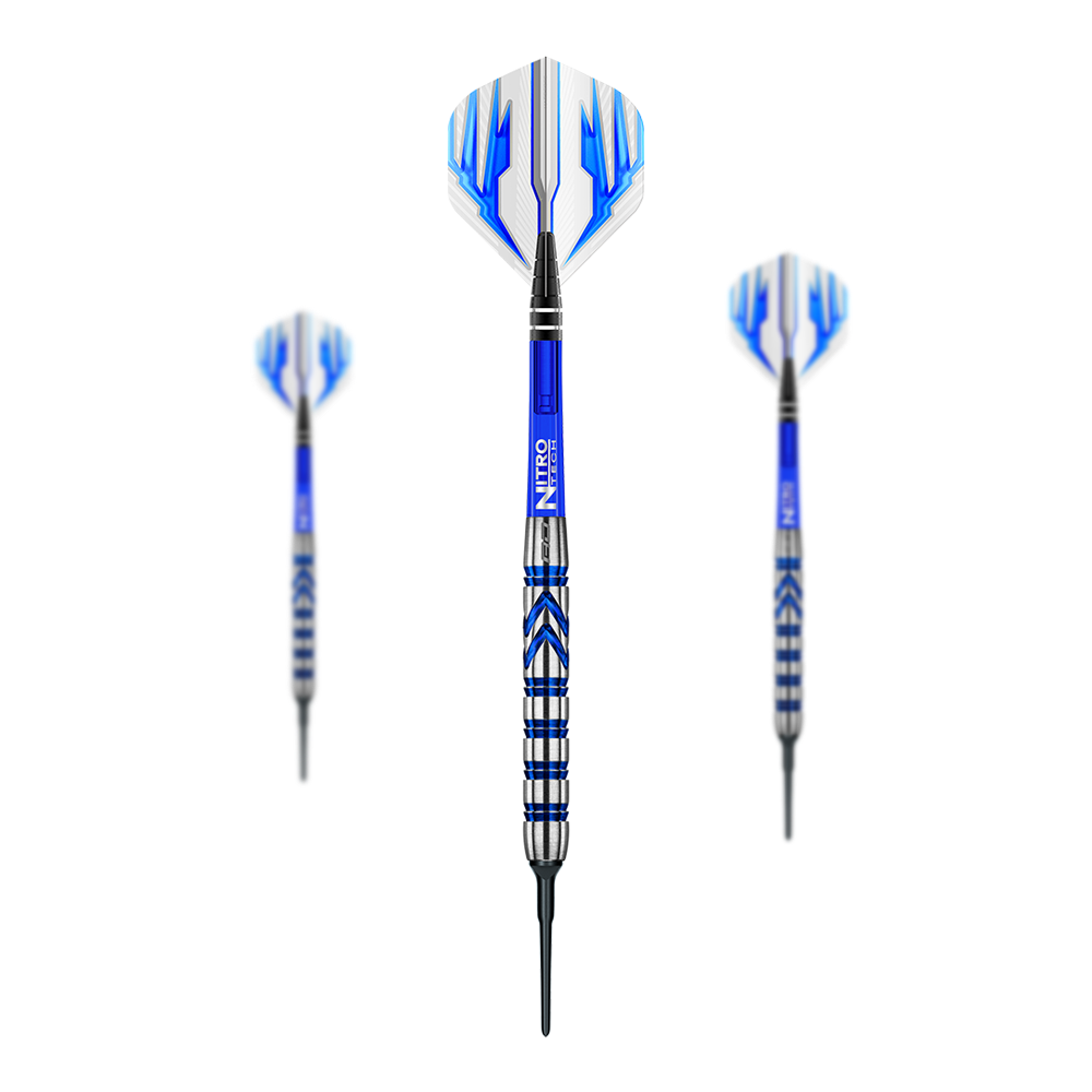 Dardos blandos Red Dragon Gerwyn Price Iceman Auf dem Bild sind drei Softdarts des Modells "Red Dragon Gerwyn Price Iceman" zu sehen. Die Darts haben blaue und silberne Akzente sowie blau-weiße Flights.