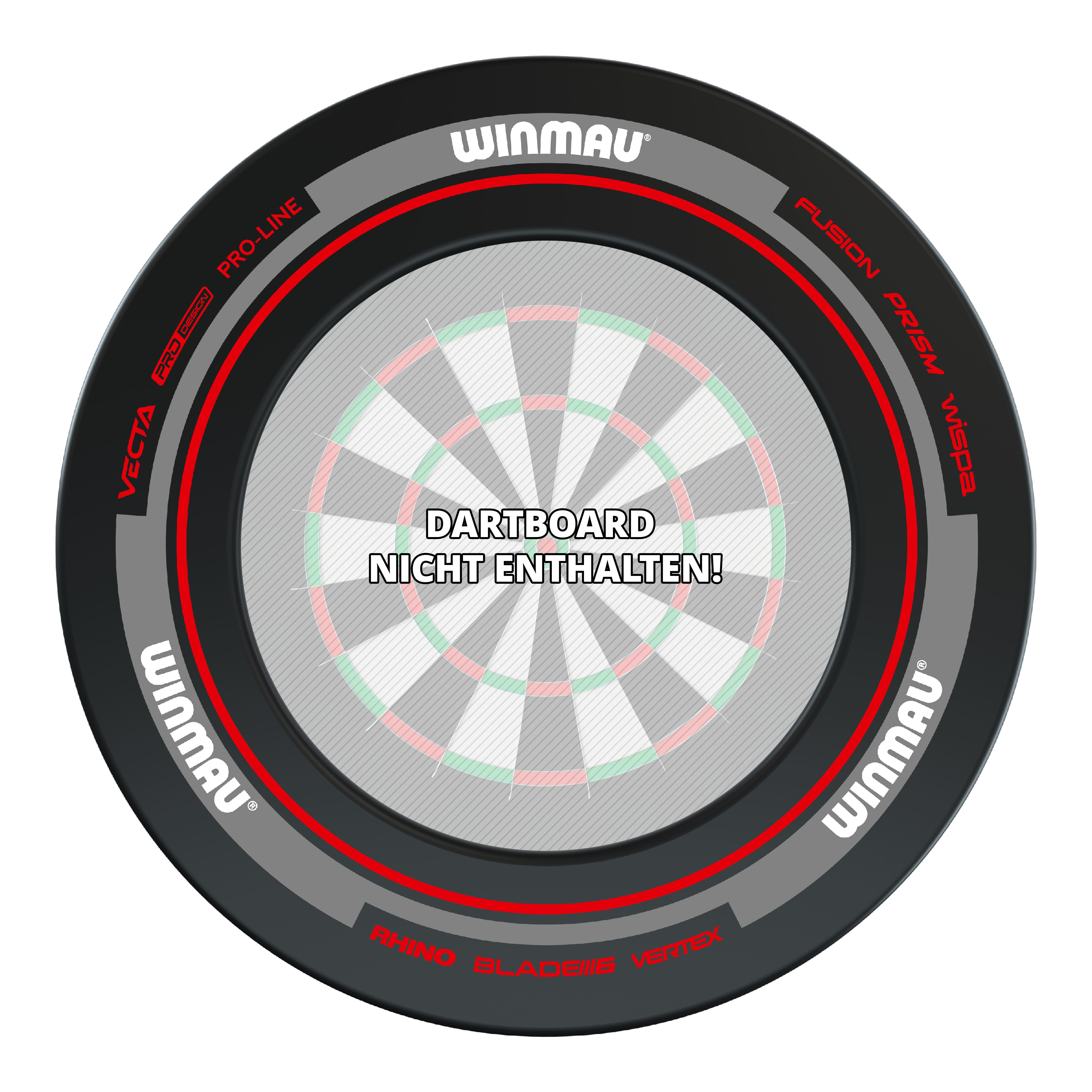 Marco para diana Winmau Advance - Negro Rojo Das Bild zeigt das Produkt "Winmau Advance Dartboard Surround" in Schwarz und Rot. In der Mitte steht der Hinweis: "Dartboard nicht enthalten!"
