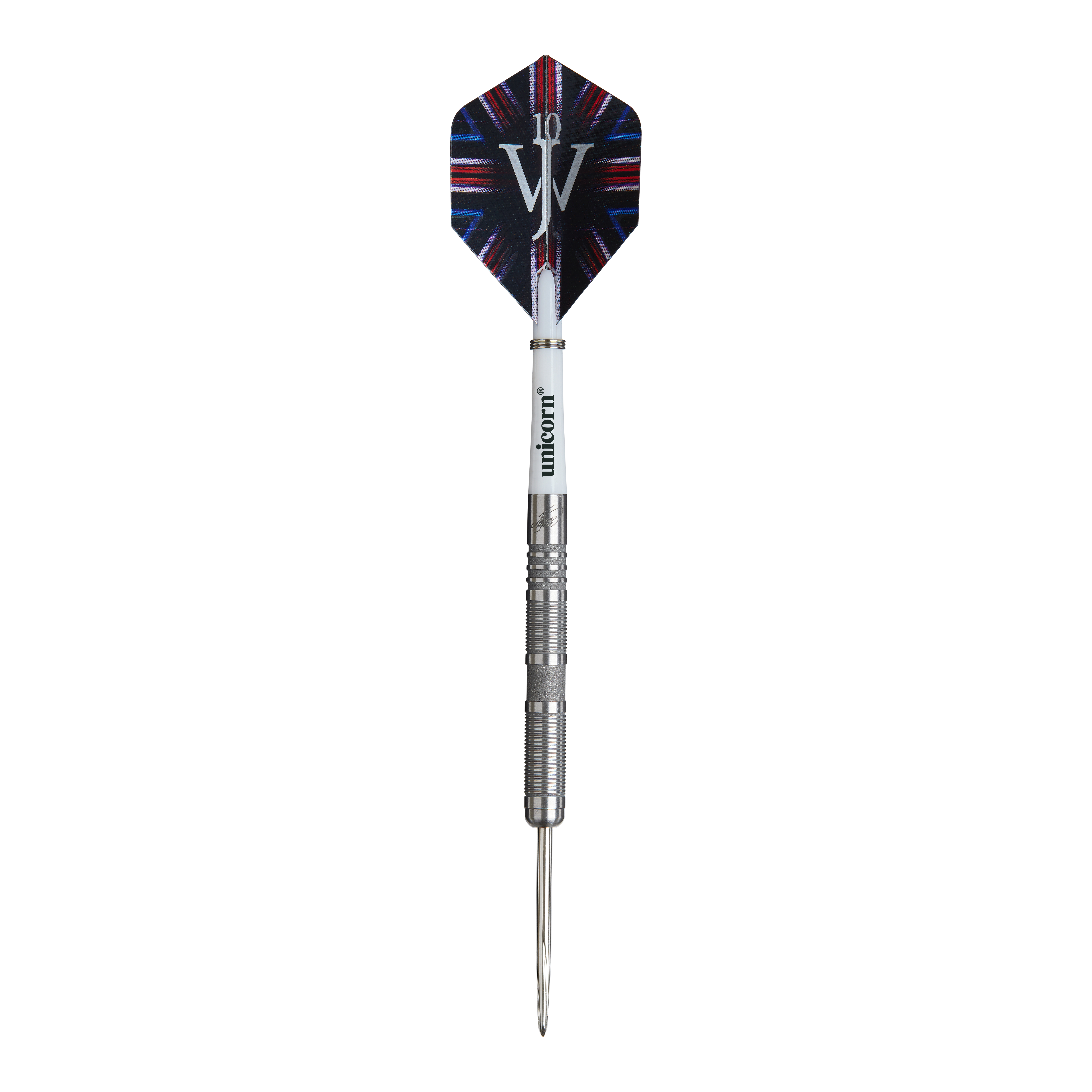 Dardos de acero Unicorn James Wade The Machine Range Phase 4 Das Bild zeigt einen Steeldartpfeil aus der Produktreihe „Unicorn James Wade The Machine Range Phase 4“. Der Dartpfeil hat eine silberne Spitze und einen Flight mit buntem Design und den Buchstaben „JW“.