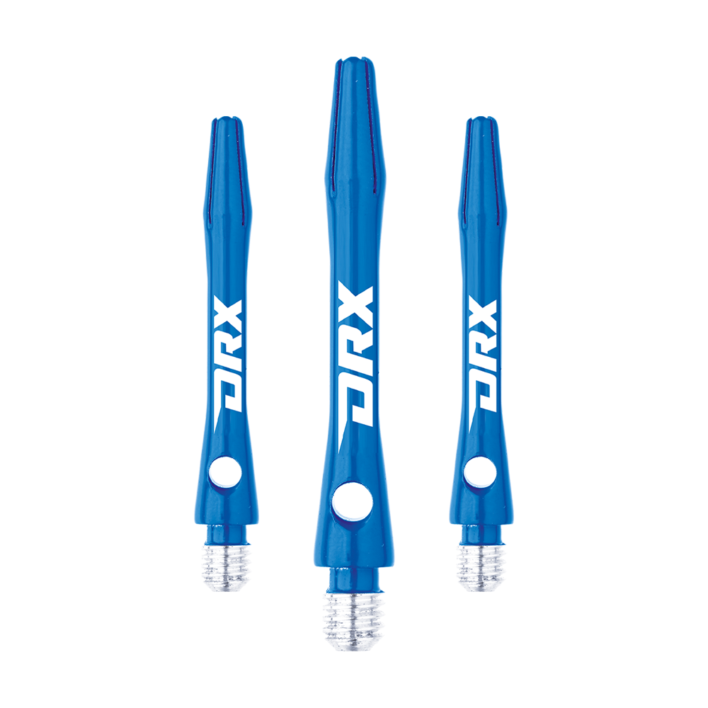 C630_Red_Dragon_DRX_Coated_Aluminium_Shafts_Blau_36mm_1 Das Bild zeigt drei blaue DRX-beschichtete Aluminium-Schäfte von Red Dragon. Die Schäfte haben ein glänzendes Finish und das weiße DRX-Logo an der Seite.