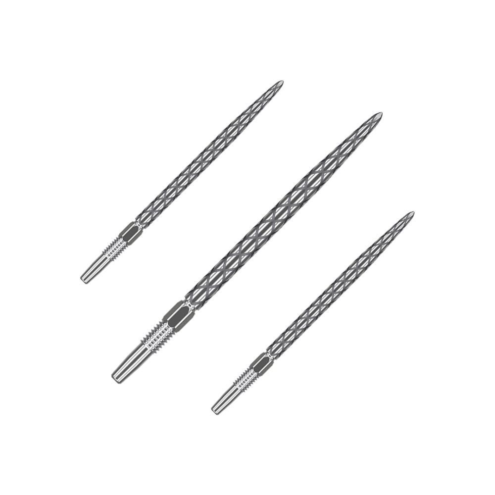 Puntas de dardo Target Swiss Diamond Pro Silver Points Das Bild zeigt drei silberne Dartspitzen mit einem Rautenmuster. Sie sind schmal und haben ein detailliertes, strukturiertes Design.