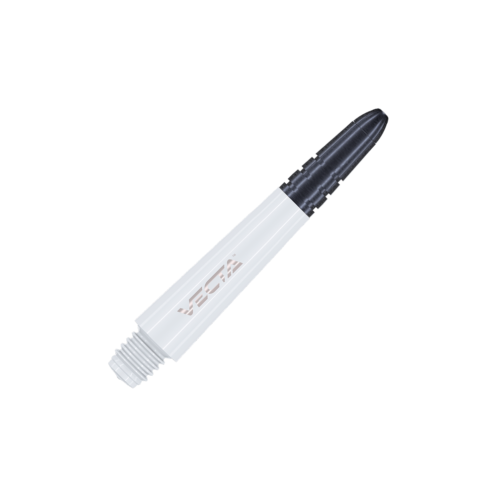 7025-102_Winmau_Vecta_Shafts_Weiss_34mm_2 Abgebildet ist ein weißer Winmau Vecta Shaft. Der Dartschafthalter hat ein schwarzes Ende und die Aufschrift "VECTA".